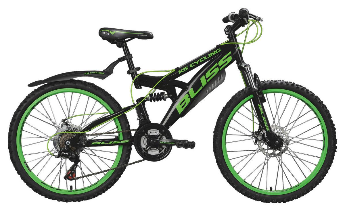 Kinderfahrrad MTB Fully 24" Bliss RH 38cm - Schwarz/Grün, Basics, Metall (180/70/80cm) - KS Cycling