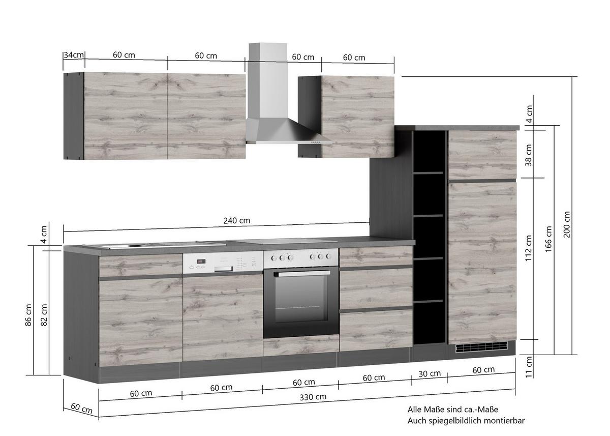 Küchenzeile Turin mit Geräten ca. 330 cm Graphit/Eiche - Eiche Wotan/Graphitfarben, Design, Holzwerkstoff (330cm) - Held
