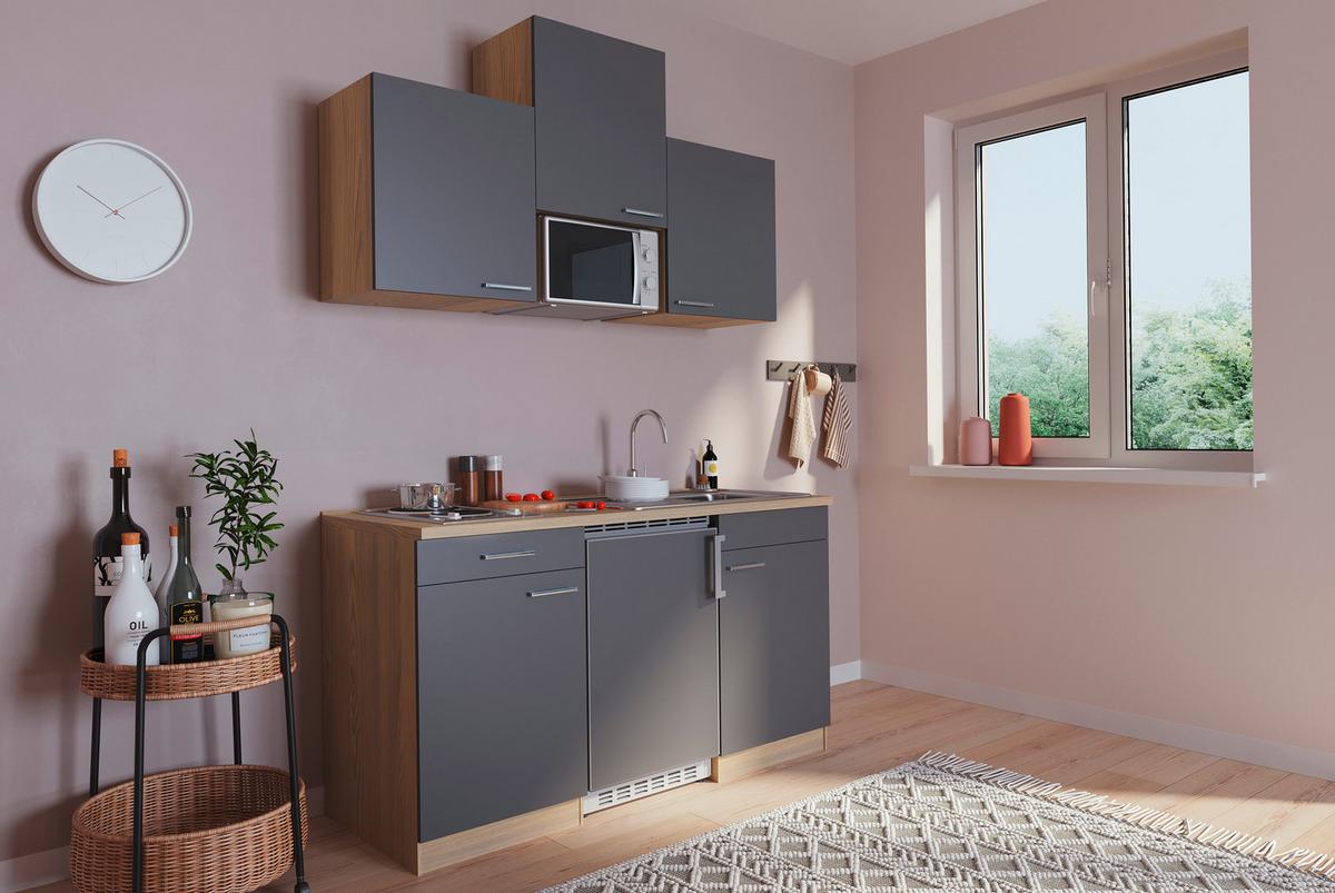 Miniküche Economy m. Geräten B: ca. 150cm Grau/Eichefarben - Eichefarben/Grau, Basics, Holzwerkstoff (150cm) - Respekta