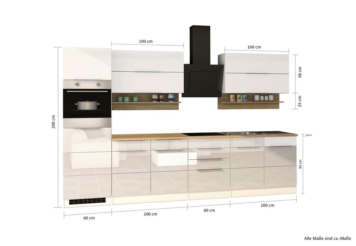 Küchenleerblock Neapel I Weiß Hochglanz/Eichefarben - Weiß Hochglanz/Alufarben, MODERN, Holzwerkstoff/Metall (320cm) - Held