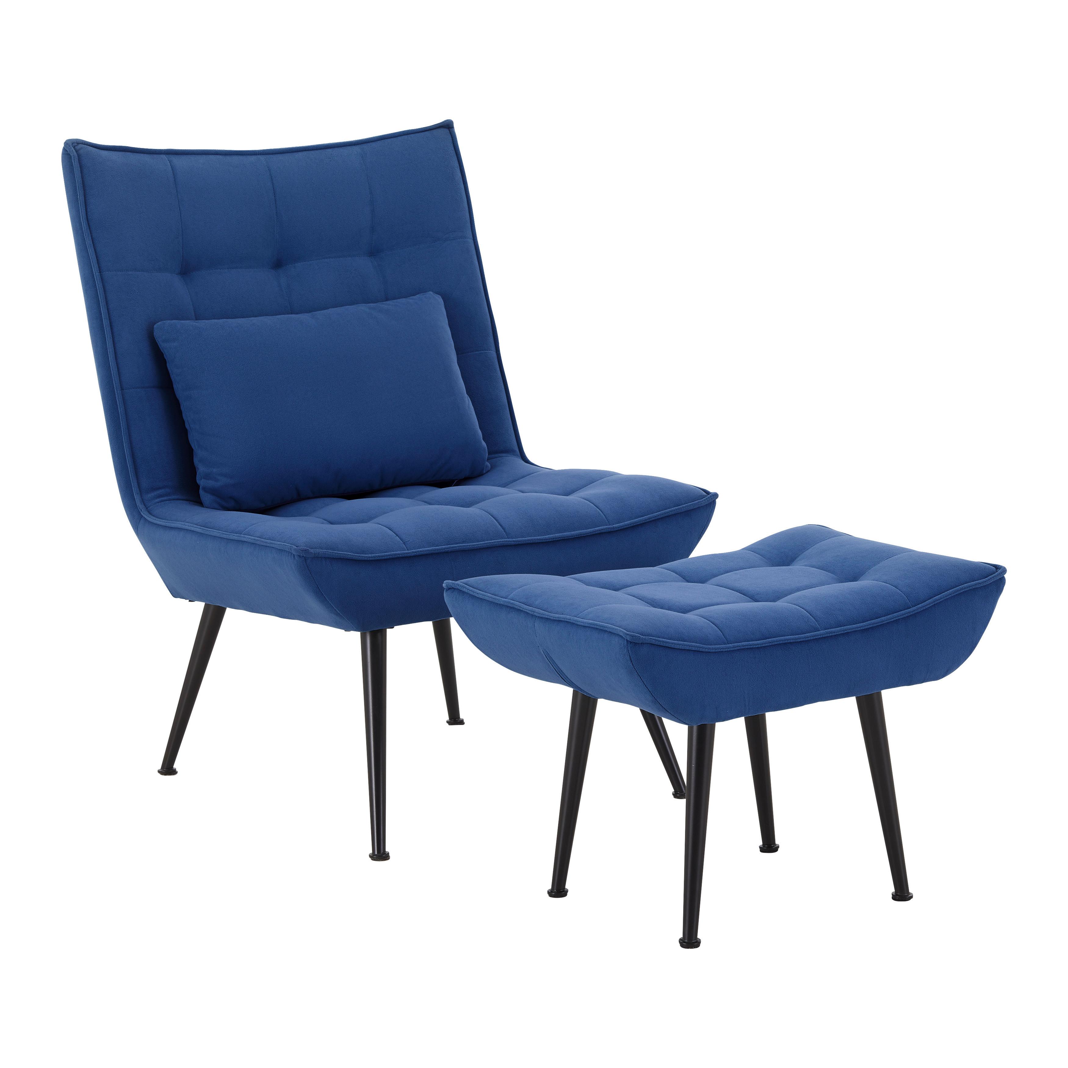 Relaxsessel mit Hocker Toma Blau Samt - Blau/Schwarz, MODERN, Holz/Textil (68/95/66cm) - Bessagi Home