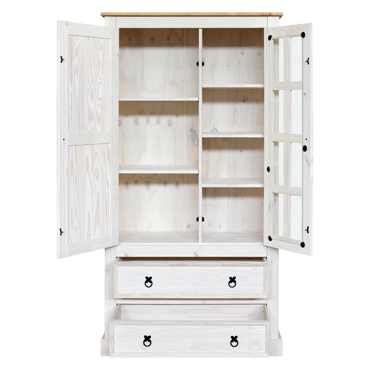 Vitrine Kiefer Weiß Weiß, 2-türig - Klar/Schwarz, Natur, Glas/Holz (100/190/41cm) - Livetastic