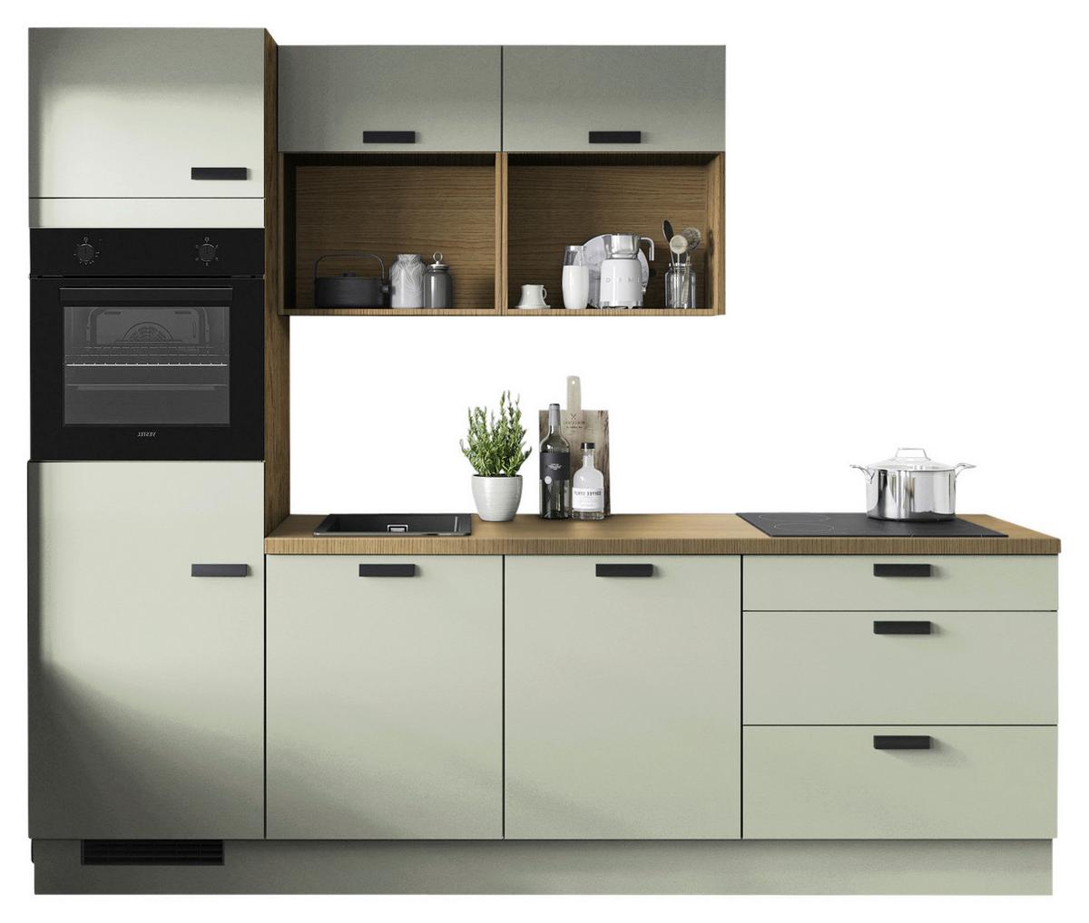 Küchenblock IP1200 Salbeigrün ohne Geräte - Salbeigrün/Eichefarben, MODERN, Holzwerkstoff/Metall (260cm) - Impuls