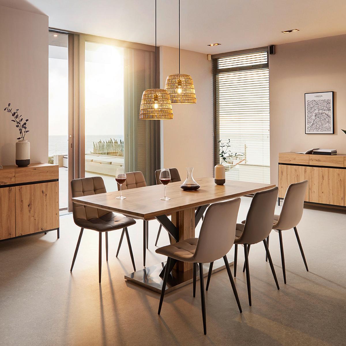 Esstisch Holz  "Klementin", ca. 180x90 cm - Edelstahlfarben/Eichefarben, Modern, Holzwerkstoff/Metall (180/76/90cm) - Bessagi Home