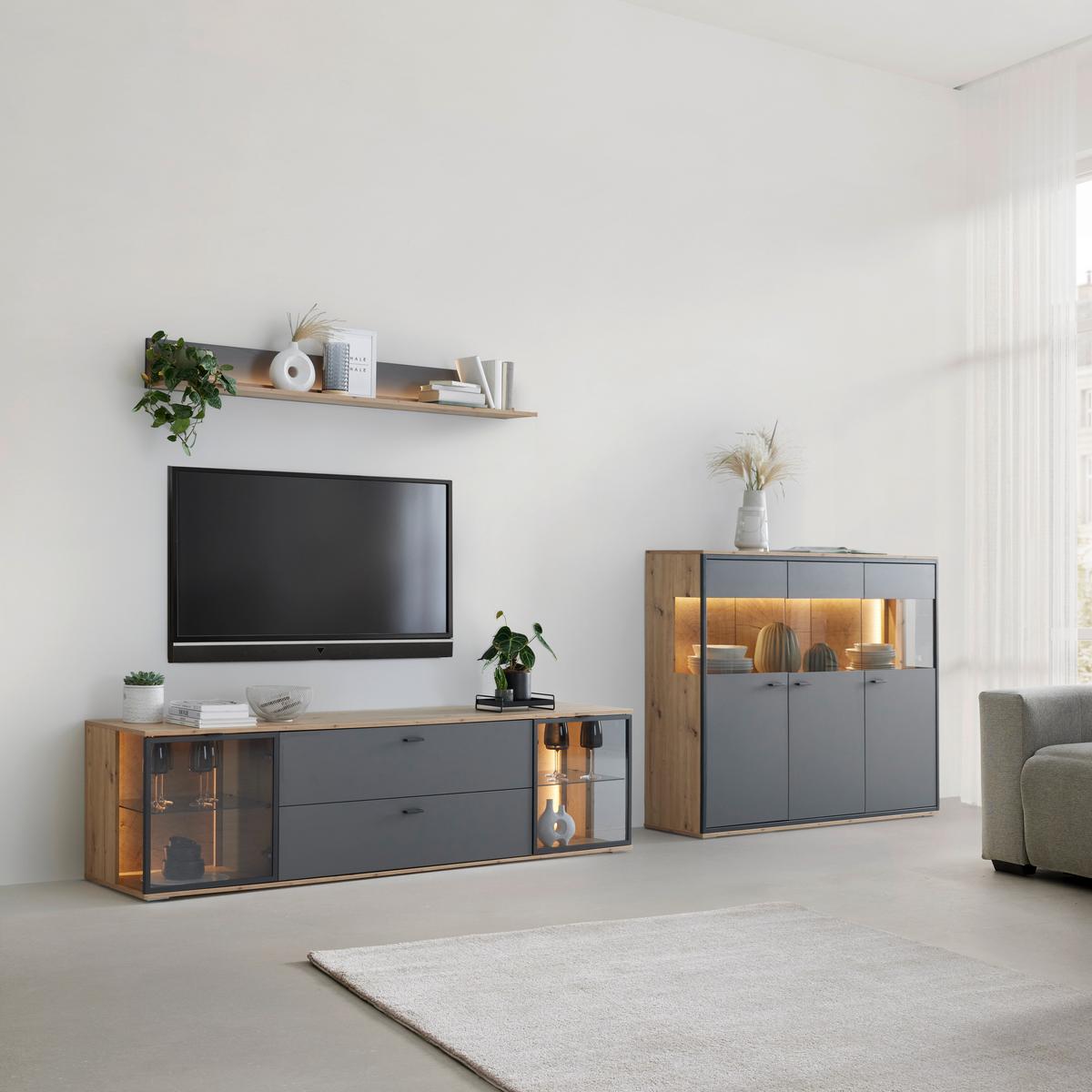 TV-Element Florenz Grau/Schwarz/Eiche Artisan - Schwarz/Eiche Artisan, MODERN, Glas/Holzwerkstoff (210/56,7/50cm) - Premium Living