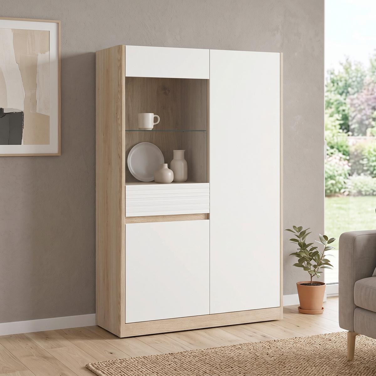 Vitrina Calima, Bela, Barva Hrasta - črna/barve hrasta, Konvencionalno, umetna masa/steklo (100,7/154,5/40,3cm) - Modern Living