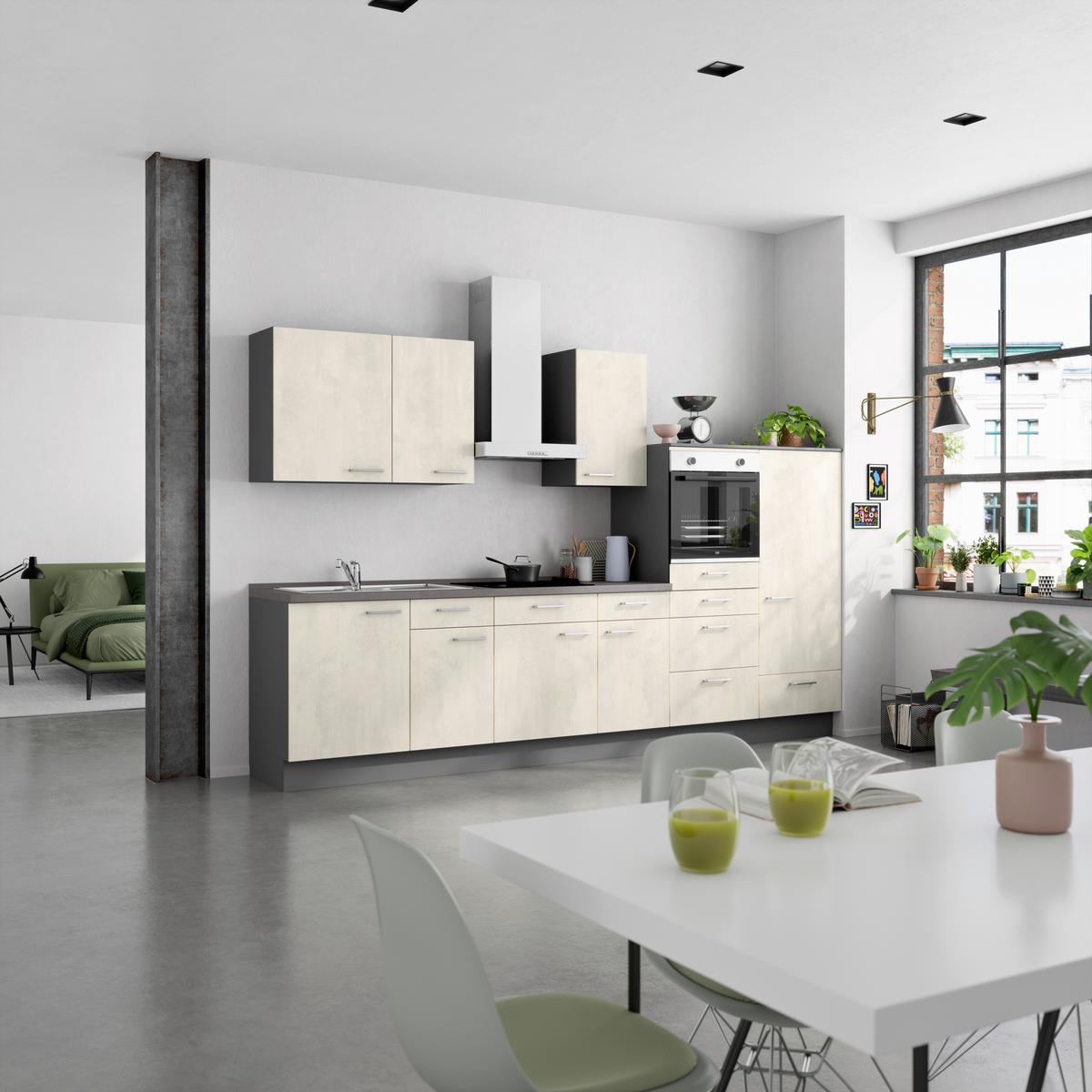 Küchenblock Riva Low m. Geräten Weiß - Schieferfarben/Edelstahlfarben, MODERN, Holzwerkstoff/Metall (330cm) - Nobilia