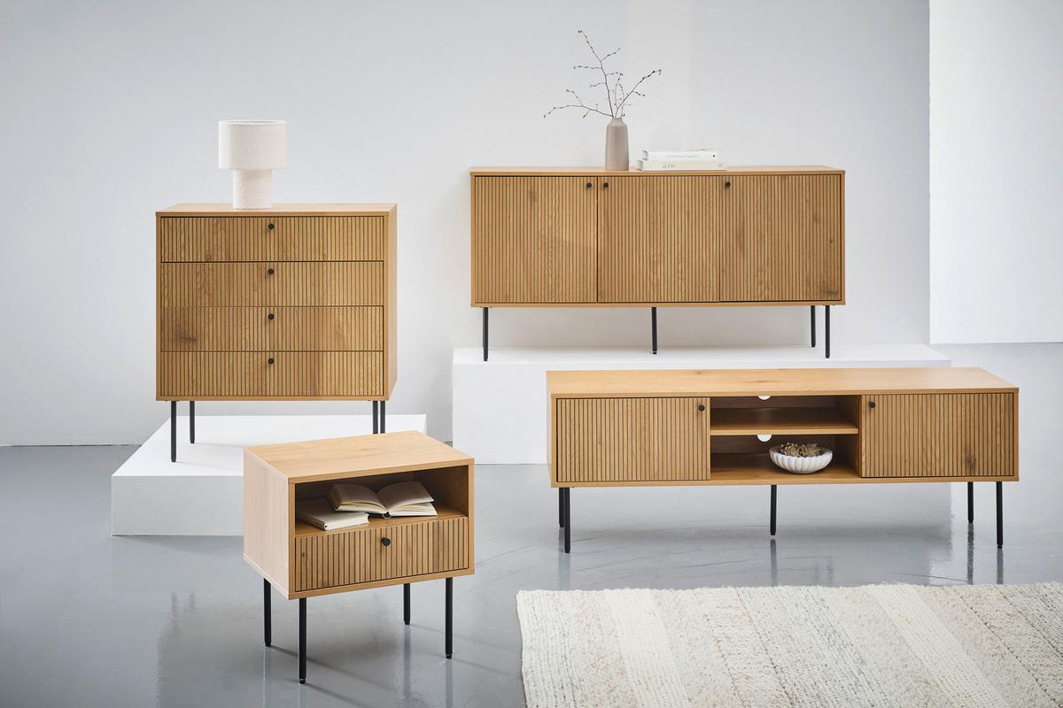 KOMODA SZEROKA LINE - kolor dębowy/czarny, Design, materiał drewnopochodny/metal (150/75/40cm) - Carryhome