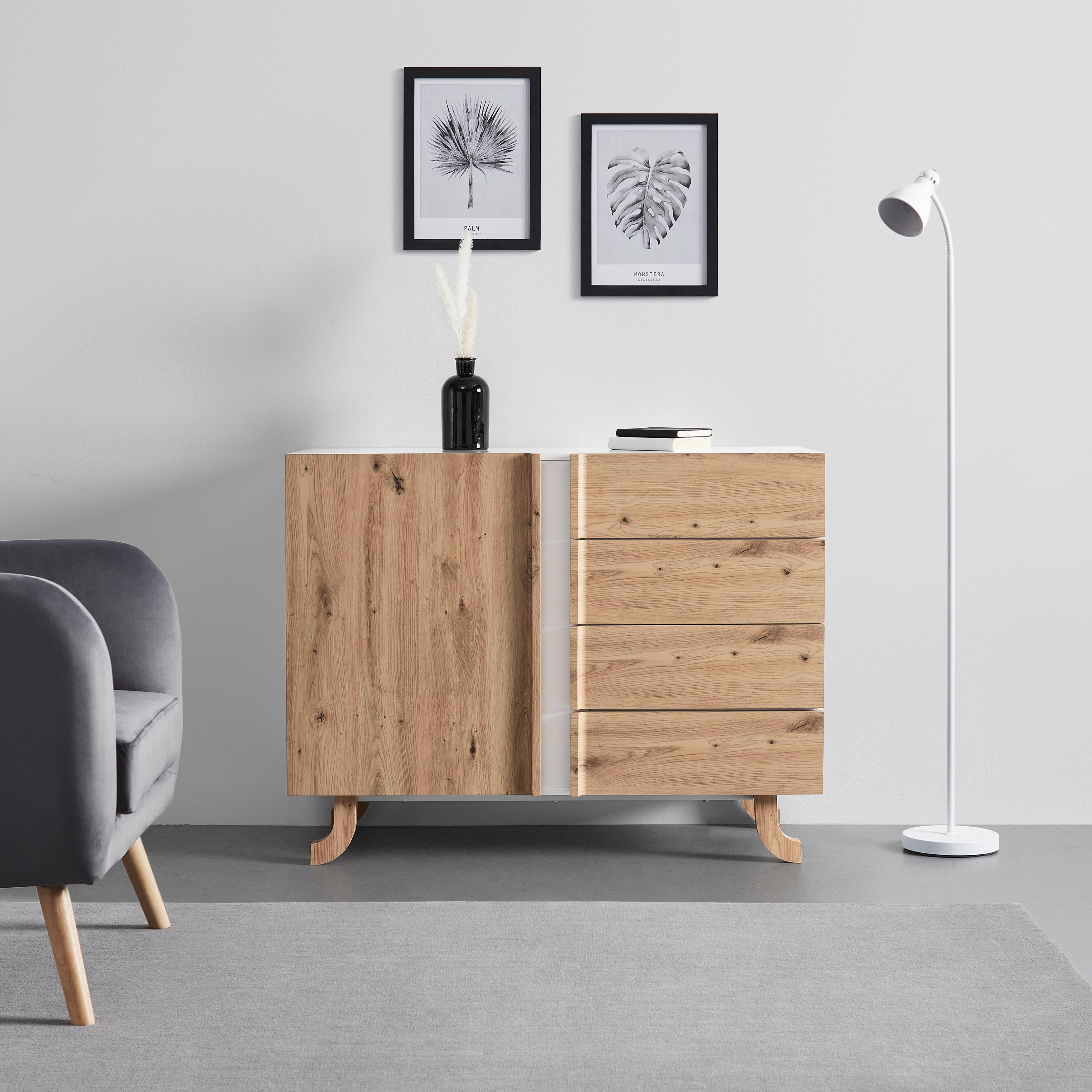 Sideboard Vira Weiß/Kieferfarben Echtholz - Weiß/Kieferfarben, MODERN, Holz (110/43/85cm) - Bessagi Home