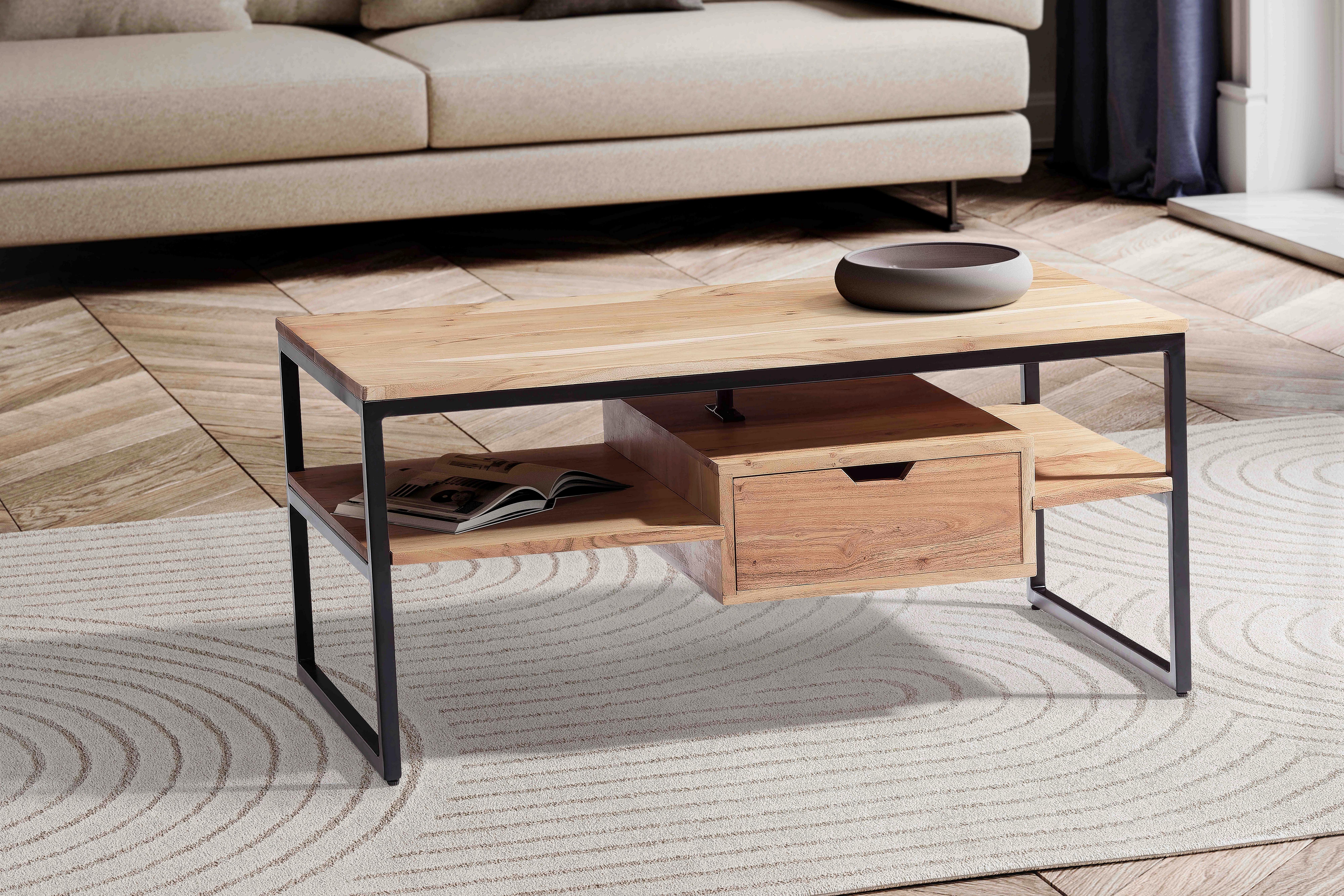 COUCHTISCH WL6.847 - Schwarz/Akaziefarben, Design, Holz/Metall (90/50/42cm) - MID.YOU