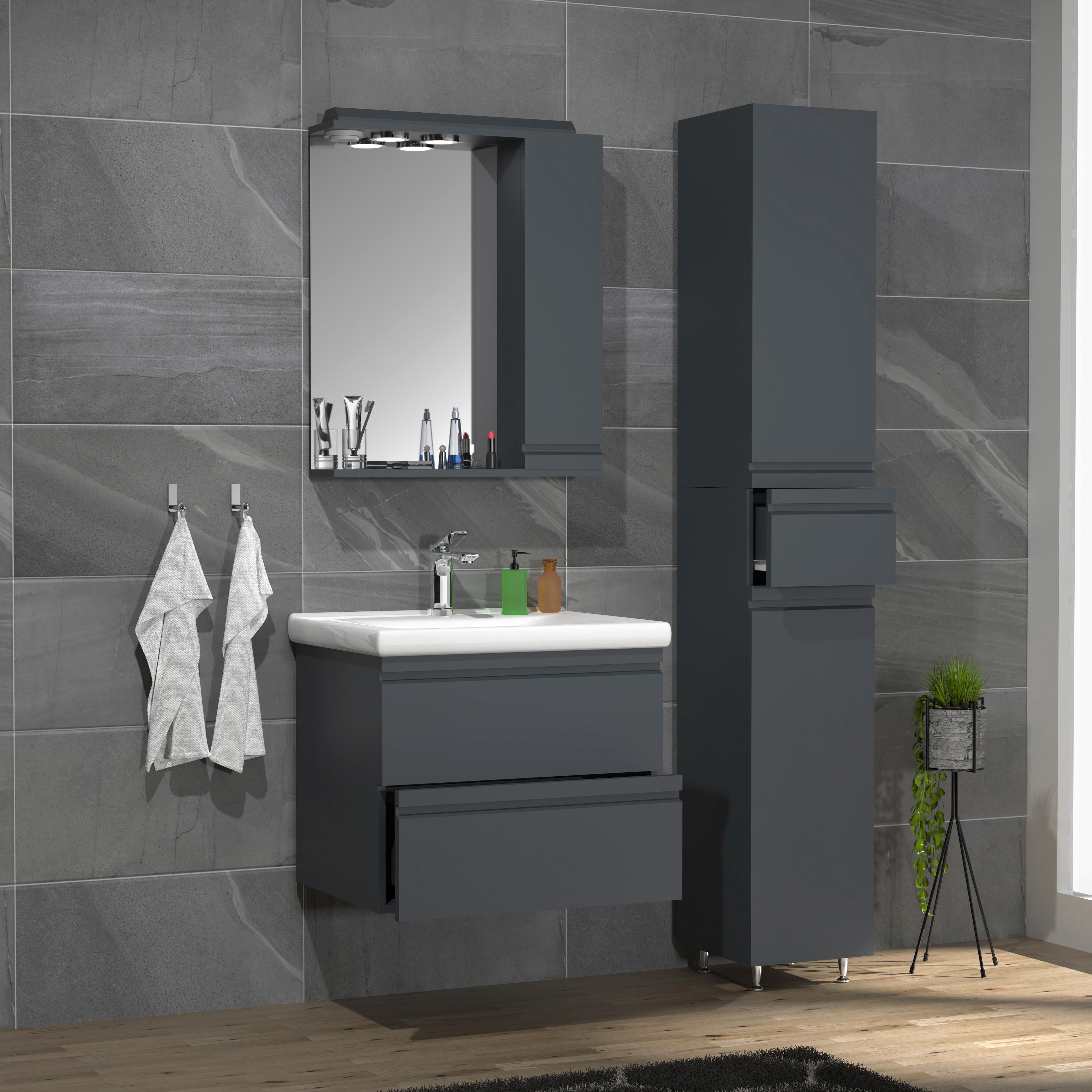 Kopalnica Silora L, Antracit - bela/antracit, Moderno, steklo/leseni material (90cm) - MID.YOU