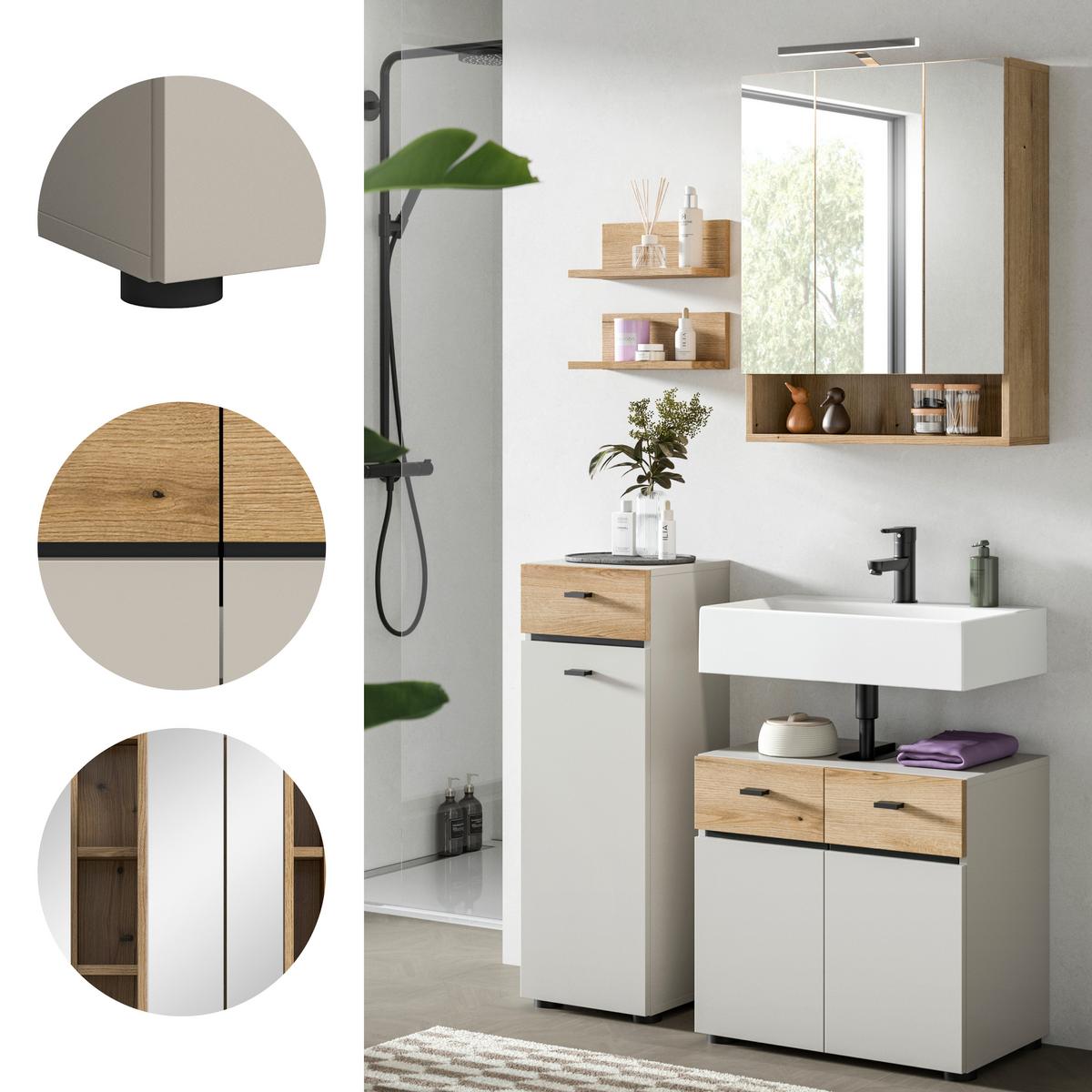Badezimmer Aqua Eichefarben/Kaschmir - Kaschmir/Eichefarben, Trend, Glas/Holzwerkstoff (92cm) - MID.YOU