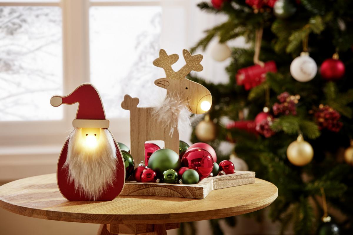 LED-díszlámpa Eckhard - bézs/piros, Konventionell, fa/szőrme (11/20/2cm)