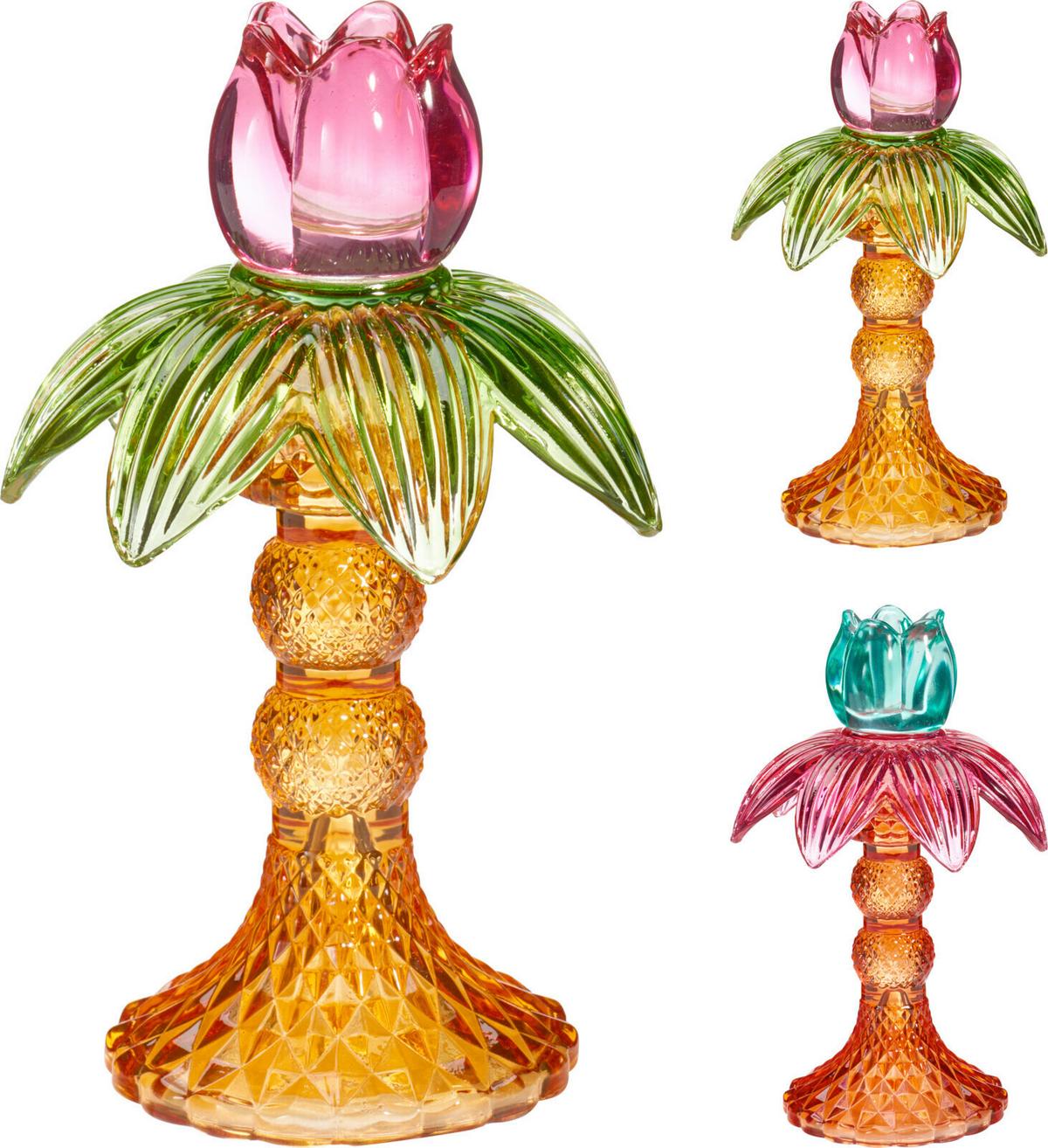 Gyertyatartó Flower - narancs/kék, Design, üveg (11/17.5/11cm)