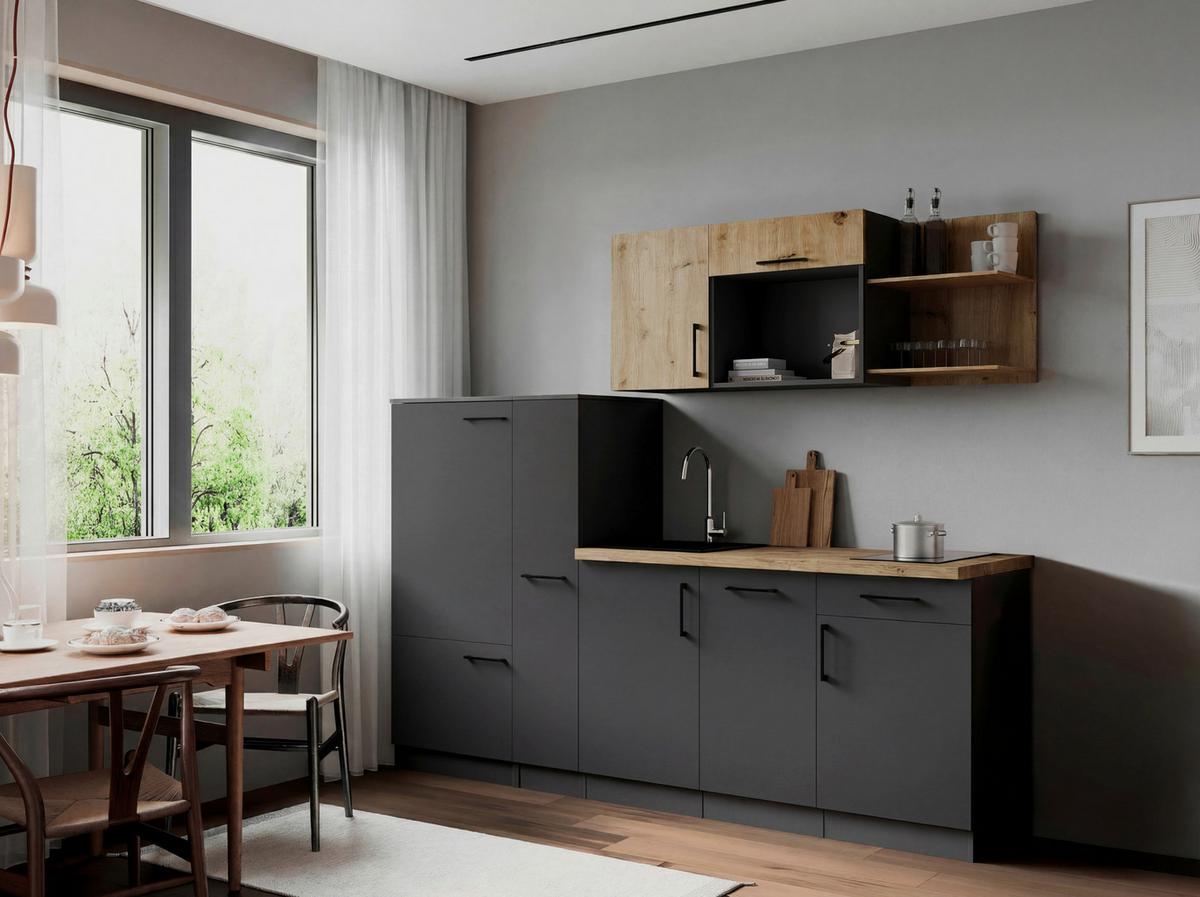 Küchenblock Oliver m. Geräten Grau - Eiche Artisan/Grau, Trend, Holzwerkstoff/Metall (235cm) - Respekta