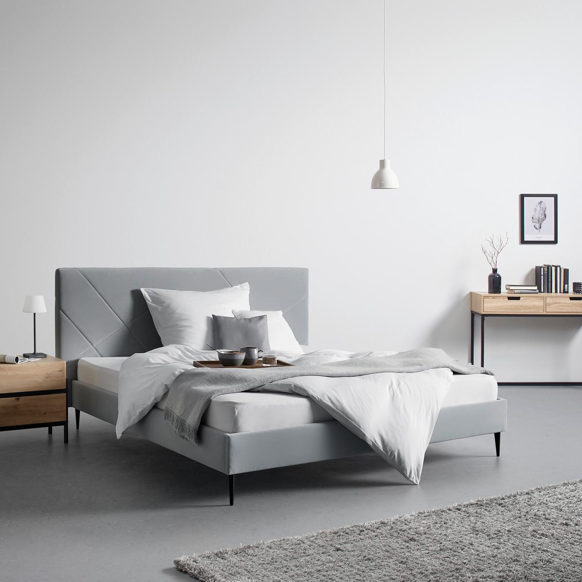 ŁÓŻKO TAPICEROWANE ELENA - kolor naturalny/czarny, Modern, metal/drewno (180/200cm) - Bessagi Home