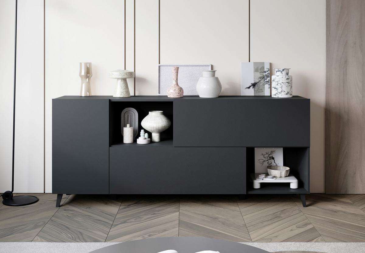 Comodă cu uși PHUKET - negru, Design, material pe bază de lemn (180/76/39cm) - P & B