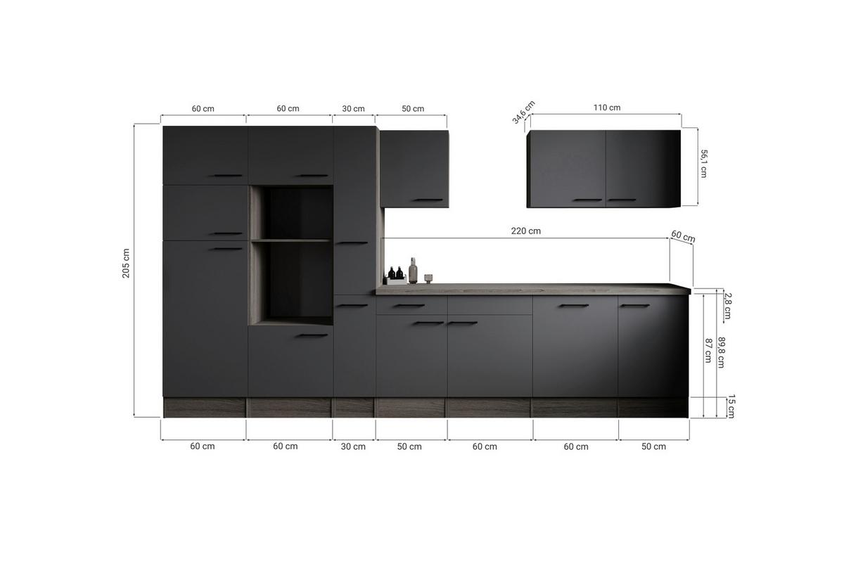 Kuhinjski Blok Brez Aparatov Oliver, 370cm - črna/siva, Design, kovina/leseni material (370cm) - Respekta