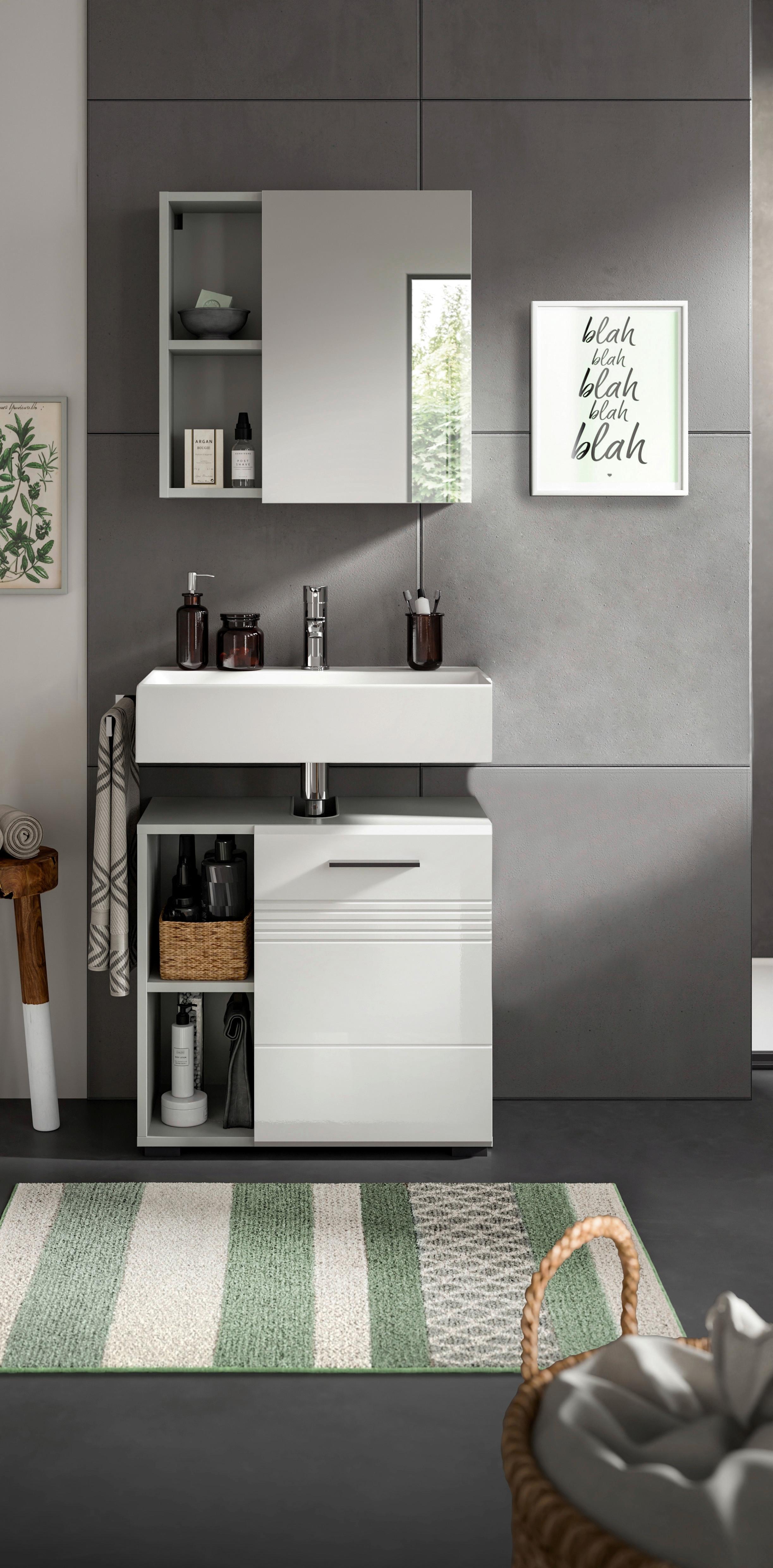 Badezimmer-Set COPA 2-teilig, Grau/Weiß Hochglanz - Chromfarben/Weiß Hochglanz, MODERN, Holzwerkstoff/Kunststoff (60cm) - MID.YOU