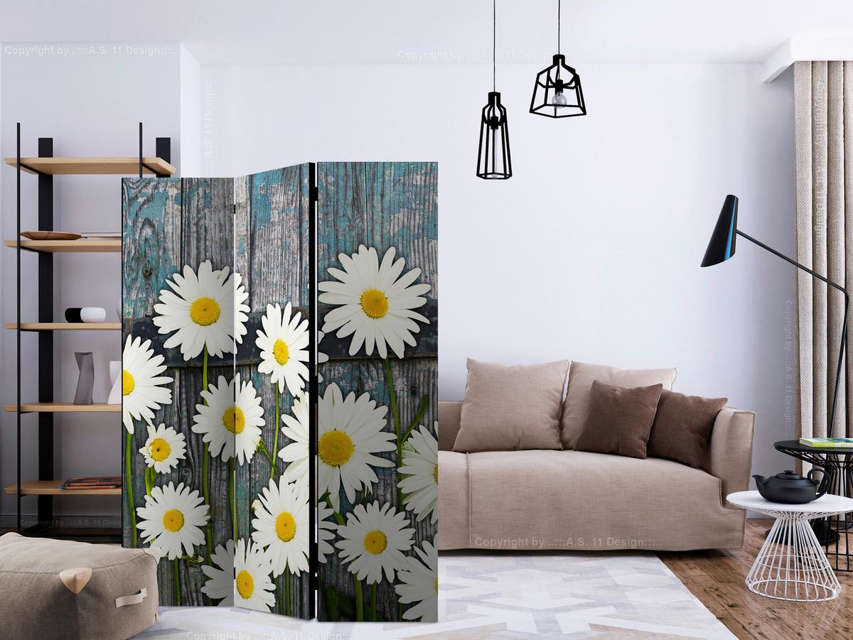 Paravan Daisies, Dvostranski, 3-Delni - siva/bela, Basics, tekstil/les (135/172cm) - artgeist