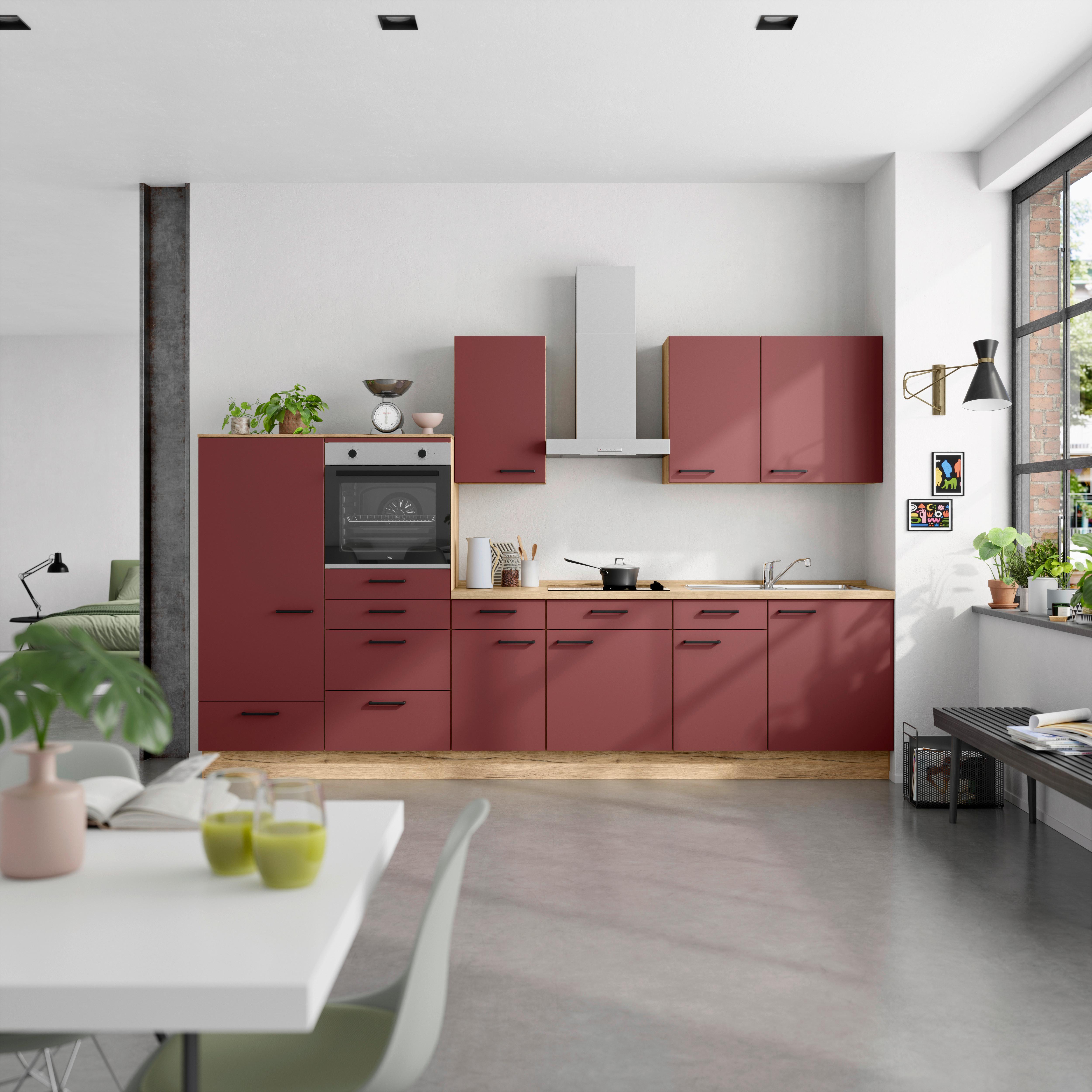 Küchenblock Easytouch Low m. Geräten Dunkelrot - Eichefarben/Schwarz, MODERN, Holzwerkstoff/Metall (330cm) - Nobilia