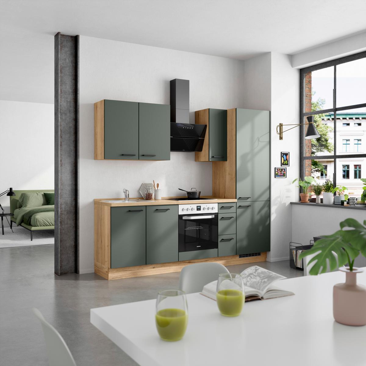 Küchenblock Easytouch High m. Geräten Dunkelgrün - Dunkelgrün/Eichefarben, MODERN, Holzwerkstoff/Metall (240cm) - Nobilia
