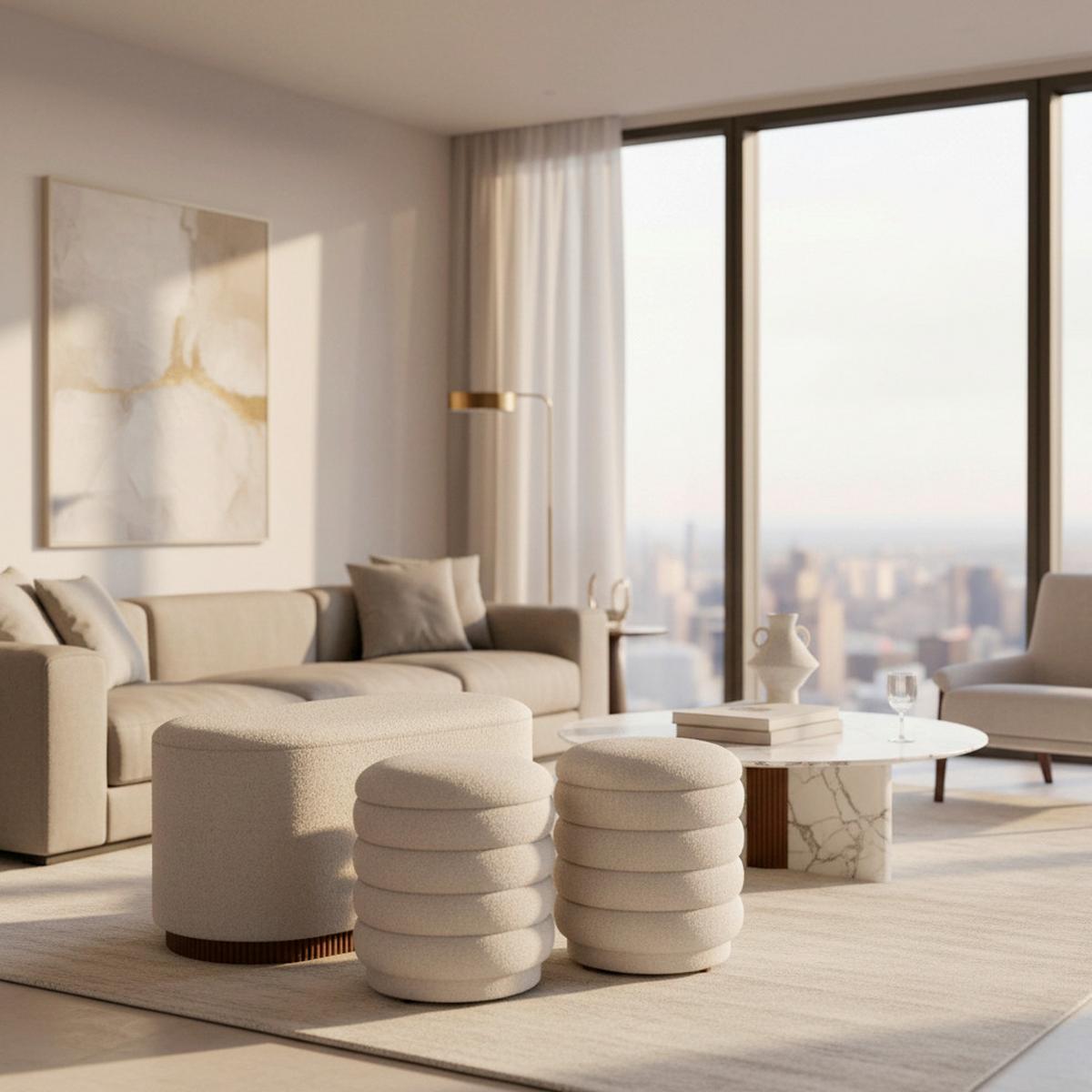 Sitzbank Nina mit Stauraum inkl. 2 Hocker Bouclé Weiß - Naturfarben/Weiß, MODERN, Holz/Holzwerkstoff - Bessagi Home