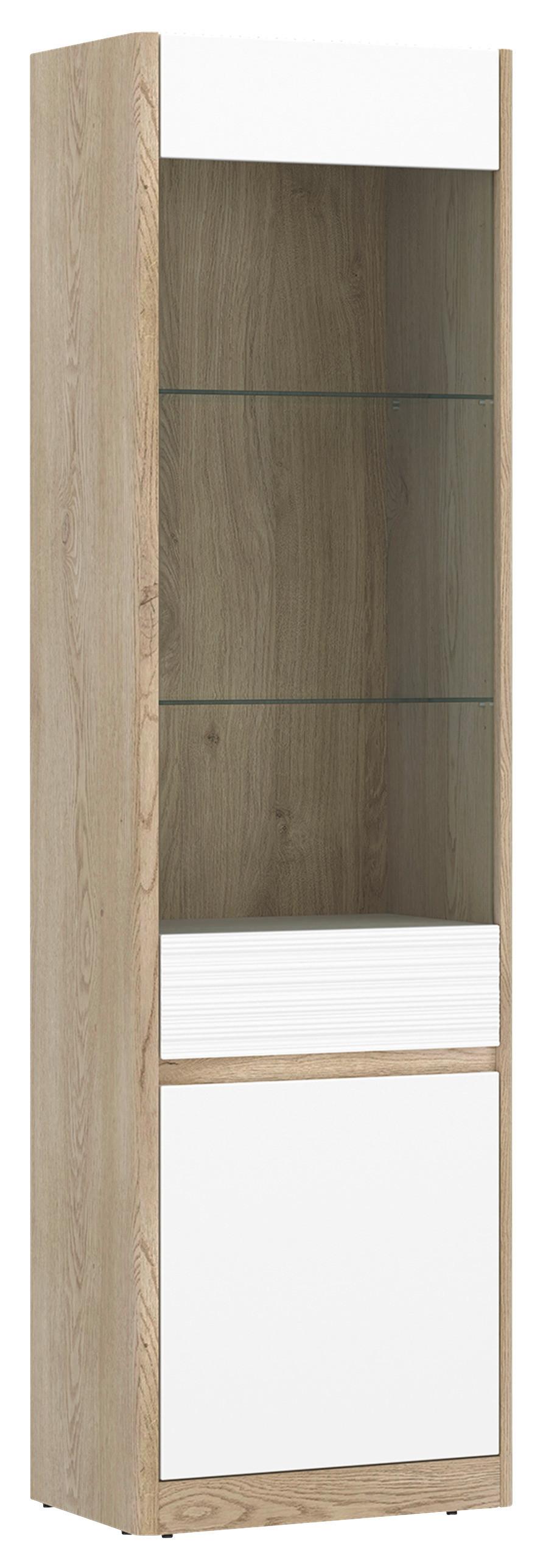 Vitrină CALIMA - alb/culoare lemn stejar, Konventionell, sticlă/material pe bază de lemn (55,8/200,5/40,3cm) - Modern Living