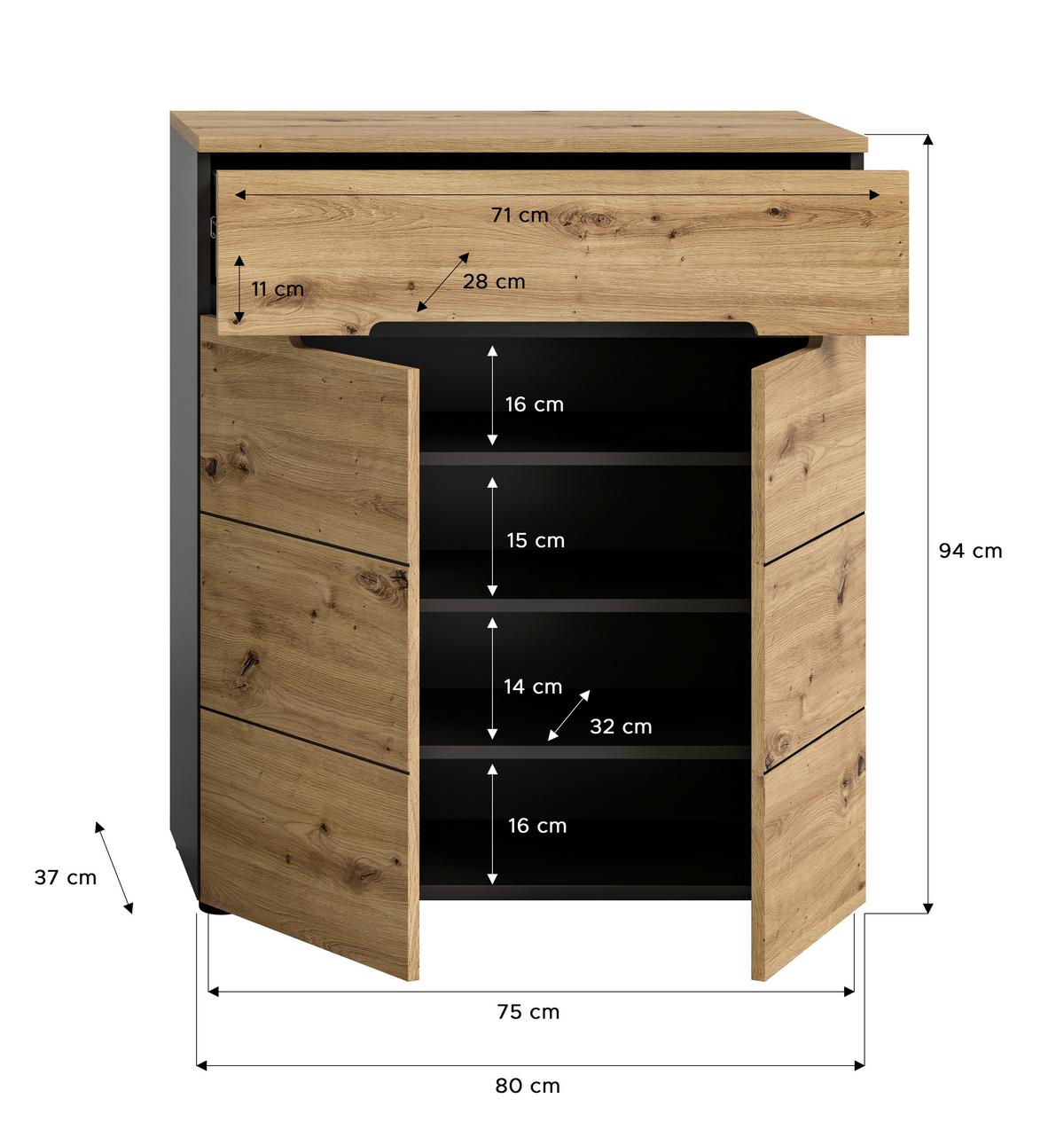 Schuhschrank Canu ca.80x94x37cm Eiche Dekor,Grau - KONVENTIONELL, Holzwerkstoff/Kunststoff (80/94/37cm) - MID.YOU