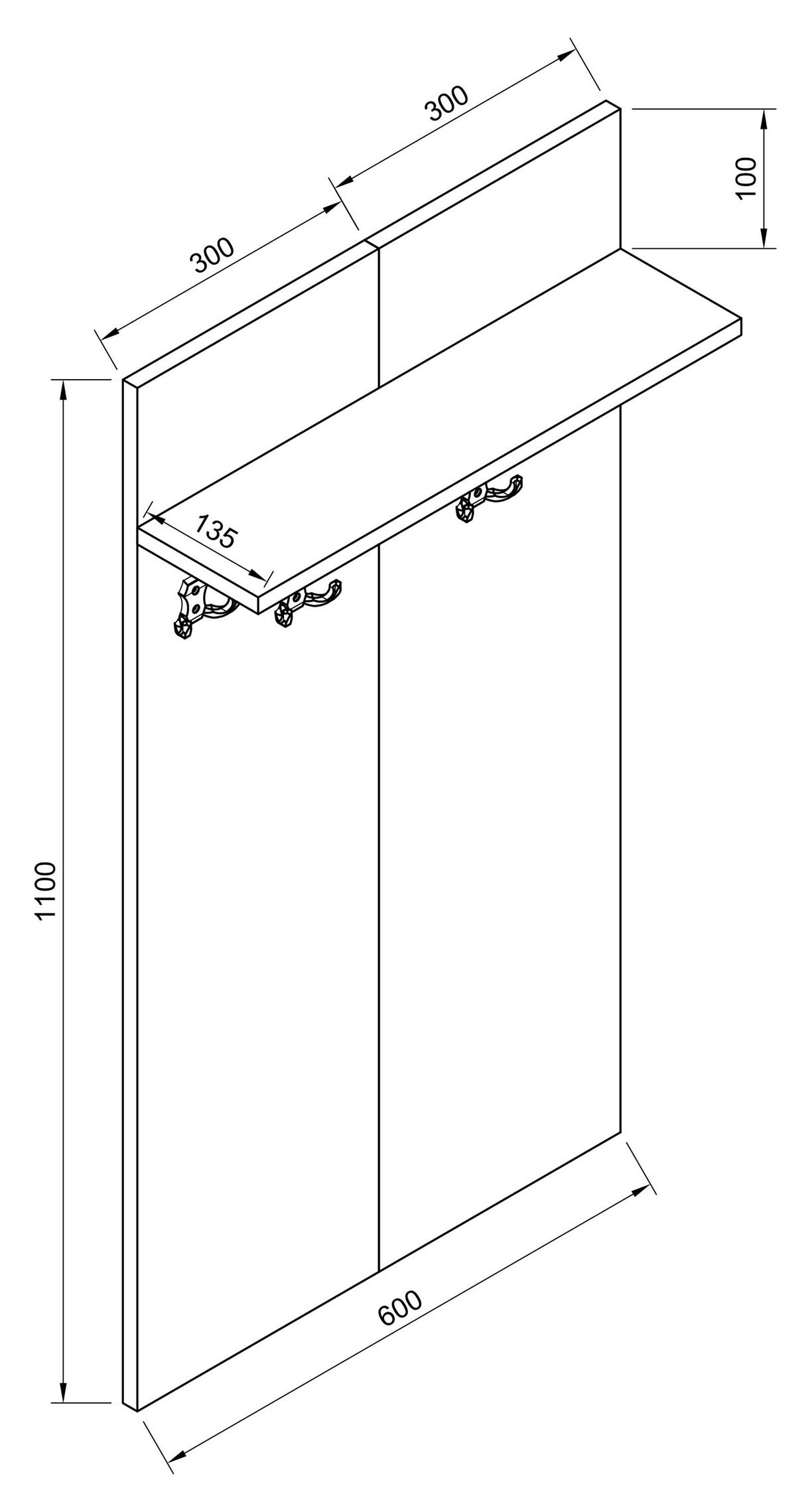 Garderobenpaneel GADOS Weiß ca. 60x110x14 cm - Weiß, MODERN, Holzwerkstoff (60/110/14cm) - MID.YOU