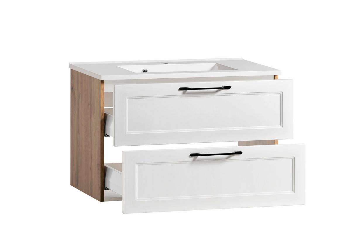 Waschtischkombi Elmau in Weiß/Eiche - Eiche Wotan/Schwarz, ROMANTIK / LANDHAUS, Holzwerkstoff/Stein (80/56/47cm)