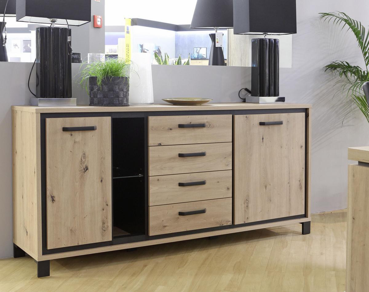 Sideboard "Trondheim" , Schwarz, Eiche - Eichefarben/Schwarz, Basics, Glas/Holzwerkstoff (177,4/81,3/41,5cm) - Livetastic