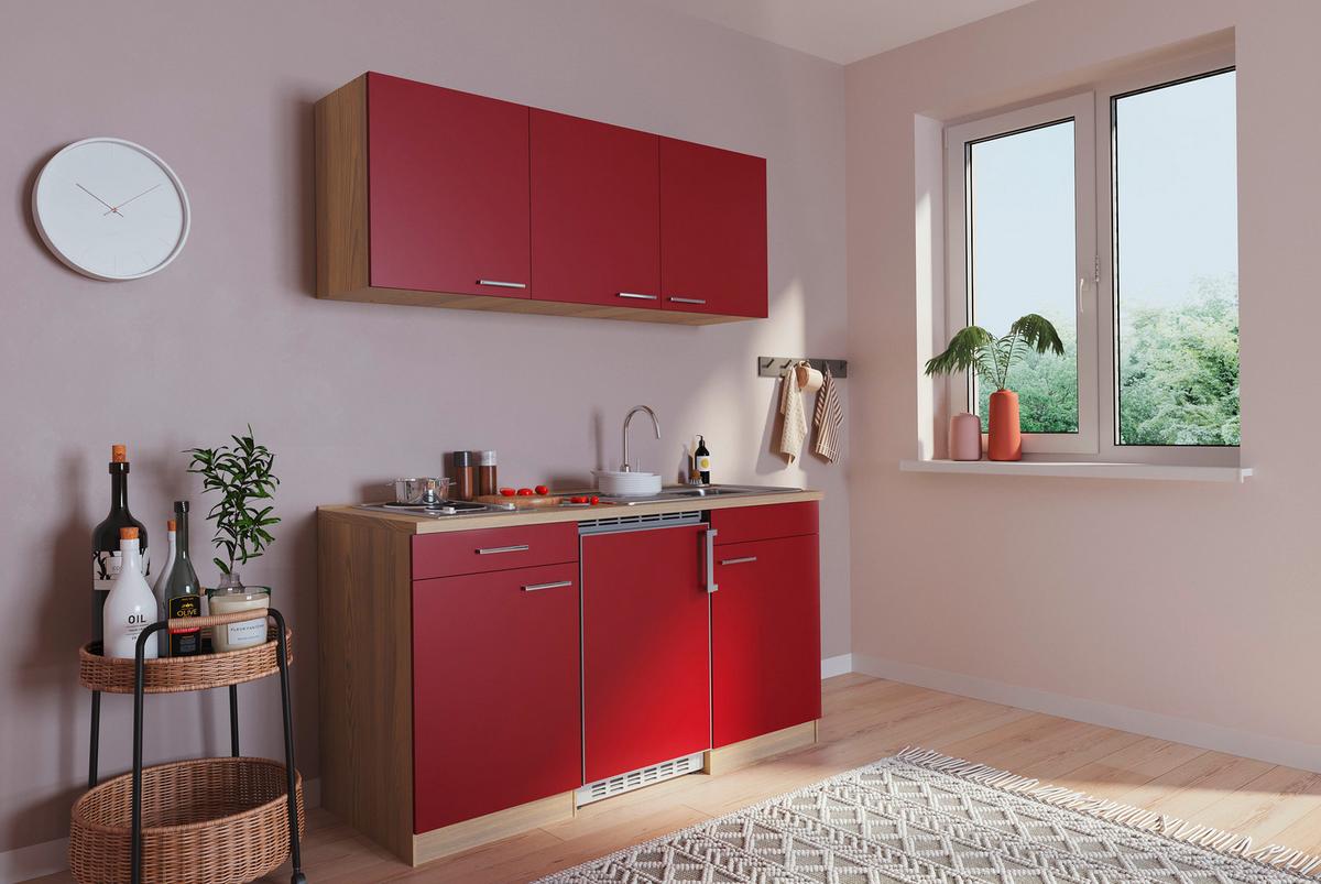 Miniküche Economy m. Geräten B: ca. 150cm Rot/Eichefarben - Rot, Basics, Holzwerkstoff (150cm) - Respekta