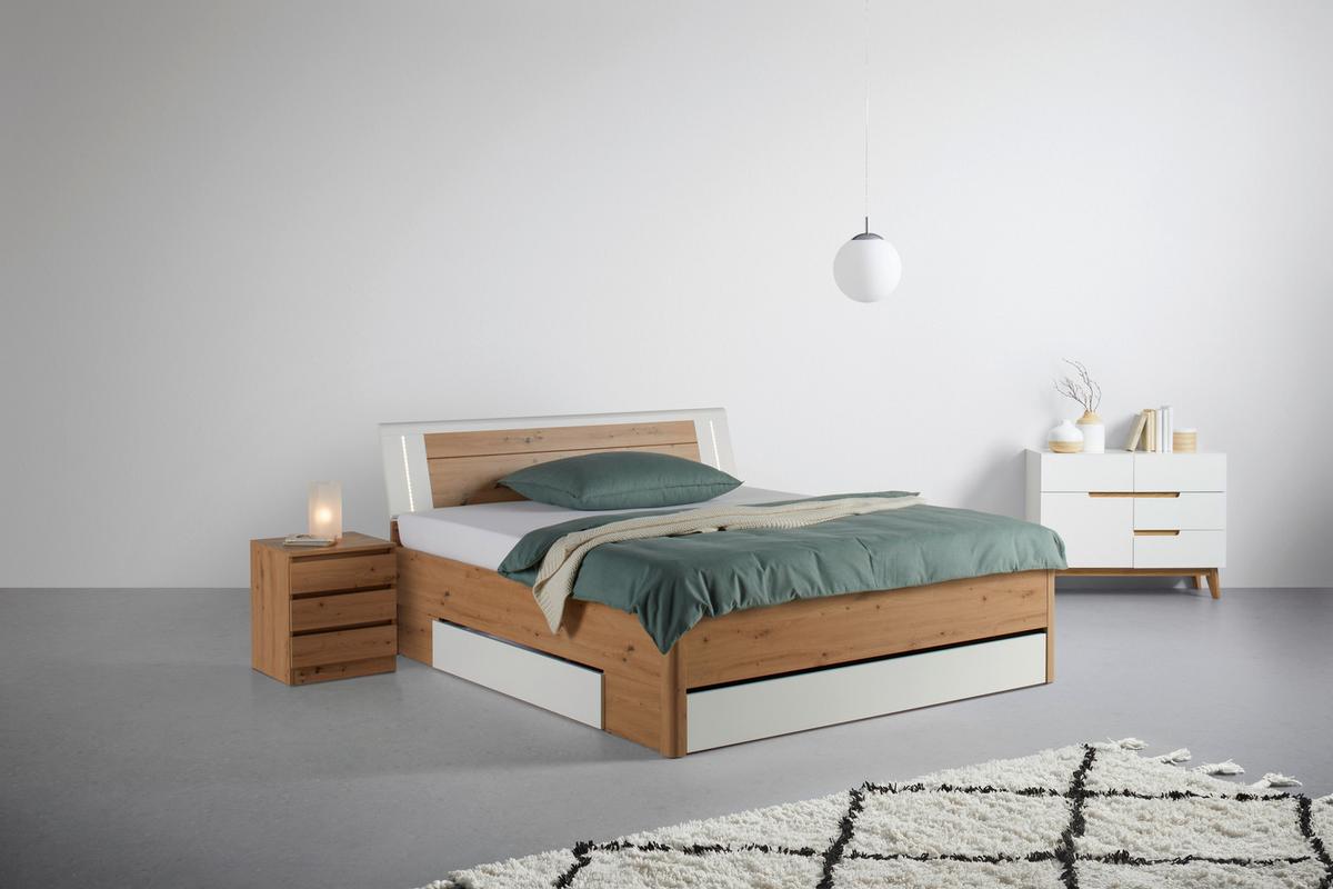 Stauraumbett in Weiß/Eiche Artisan - Eiche Artisan/Weiß, KONVENTIONELL, Holzwerkstoff (180/200cm) - Mömax