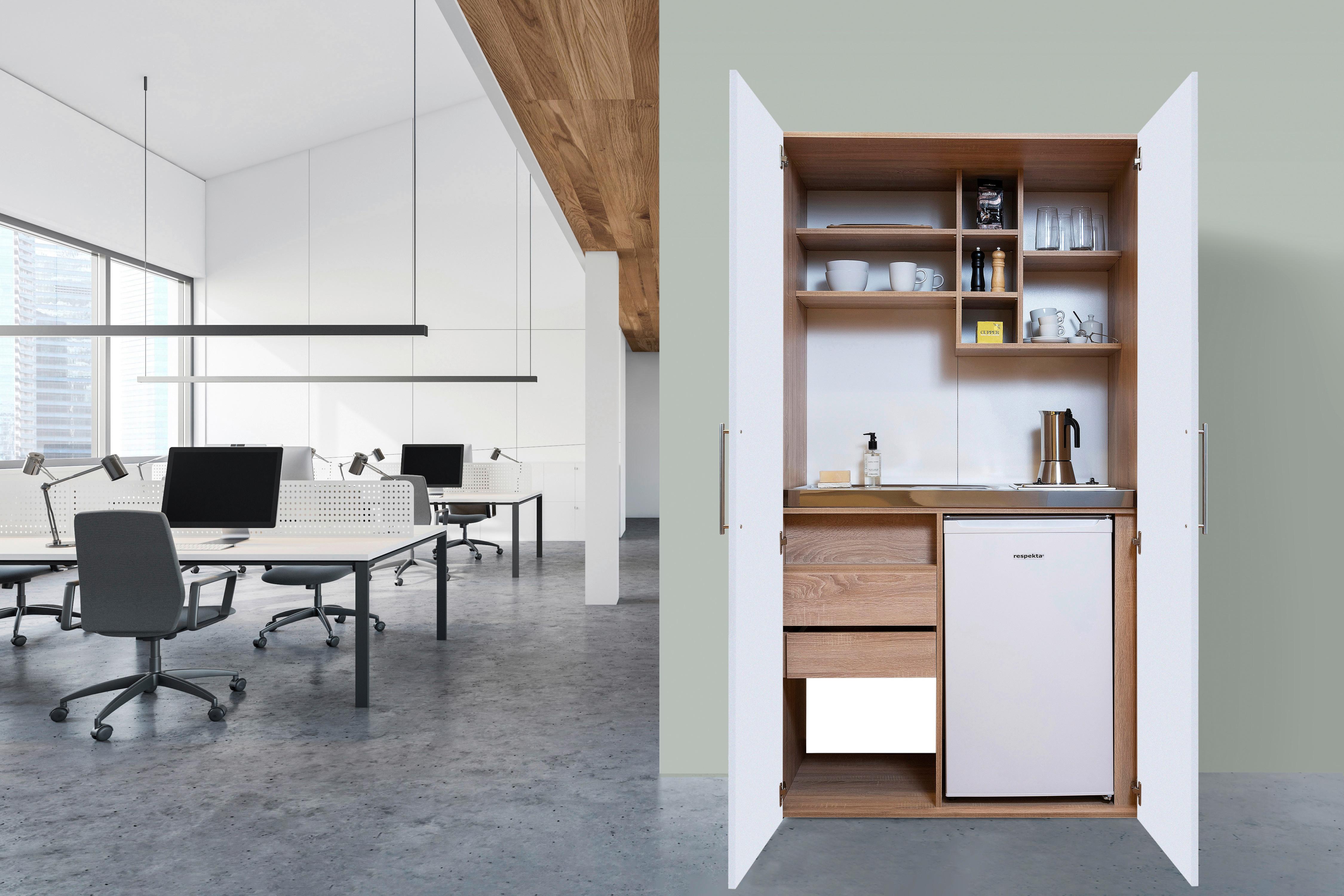 Schrankküche mit Kühlschrank + Kochfeld Weiß B: ca. 104 cm - Edelstahlfarben/Eichefarben, KONVENTIONELL, Holzwerkstoff/Metall (104/193/67cm) - Respekta