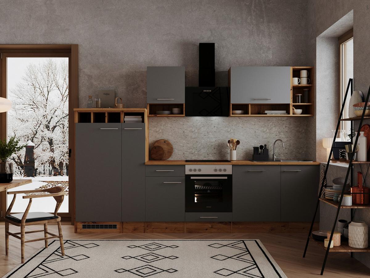 Küchenblock Economy Grau/Wildeiche B: ca. 310 cm - Wildeiche/Alufarben, Basics, Holzwerkstoff/Metall (310cm) - Respekta