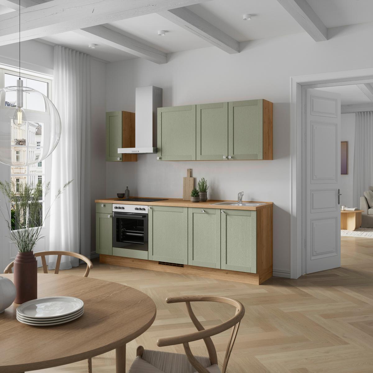 Küchenleerblock Frame Low o. Geräte Olivgrün - Edelstahlfarben/Eichefarben, MODERN, Holzwerkstoff/Metall (240cm) - Nobilia