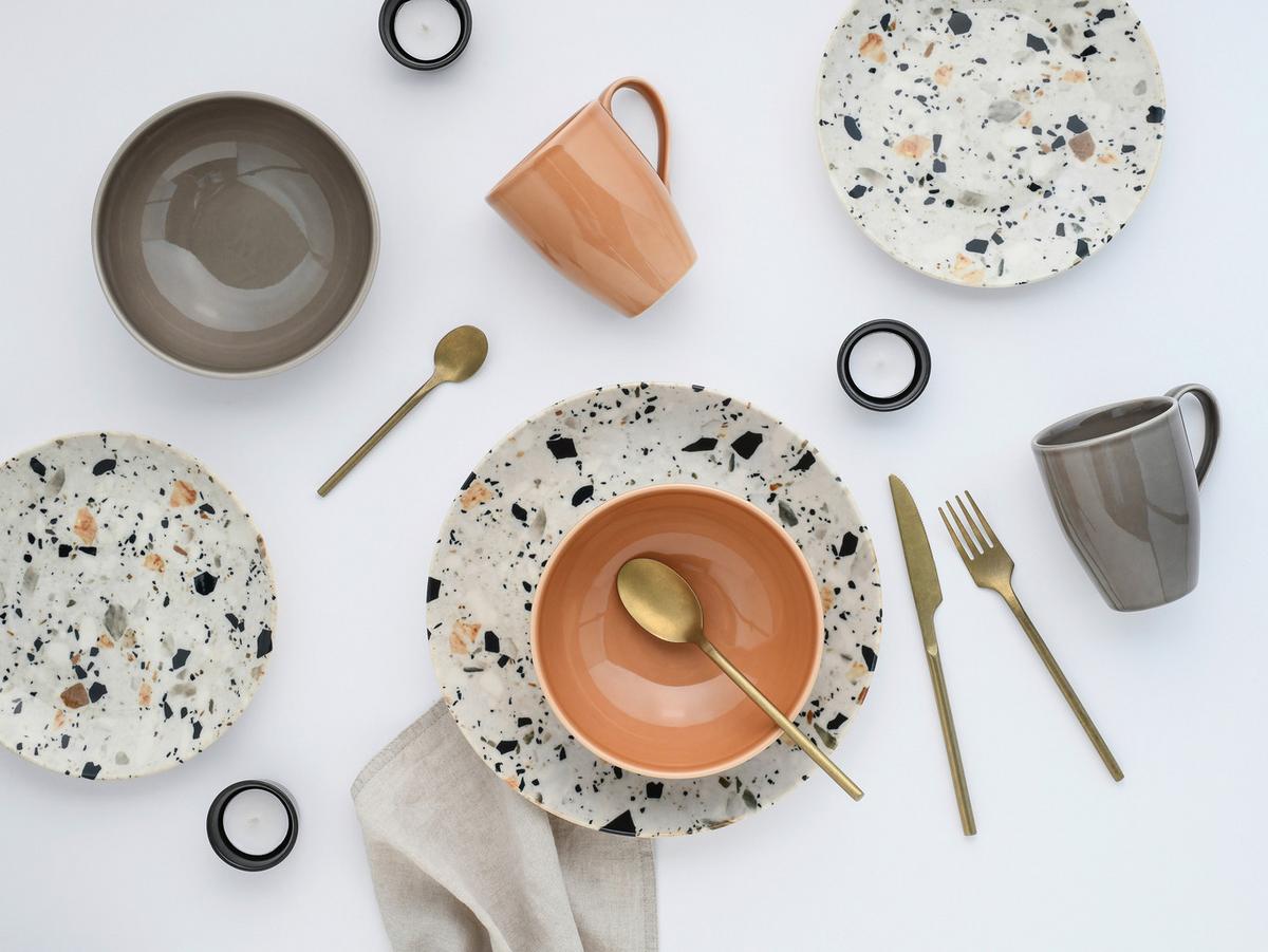 Kombinirani Servis Terrazzo, 16-Delni - siva/barve korale, Basics, keramika - Creatable