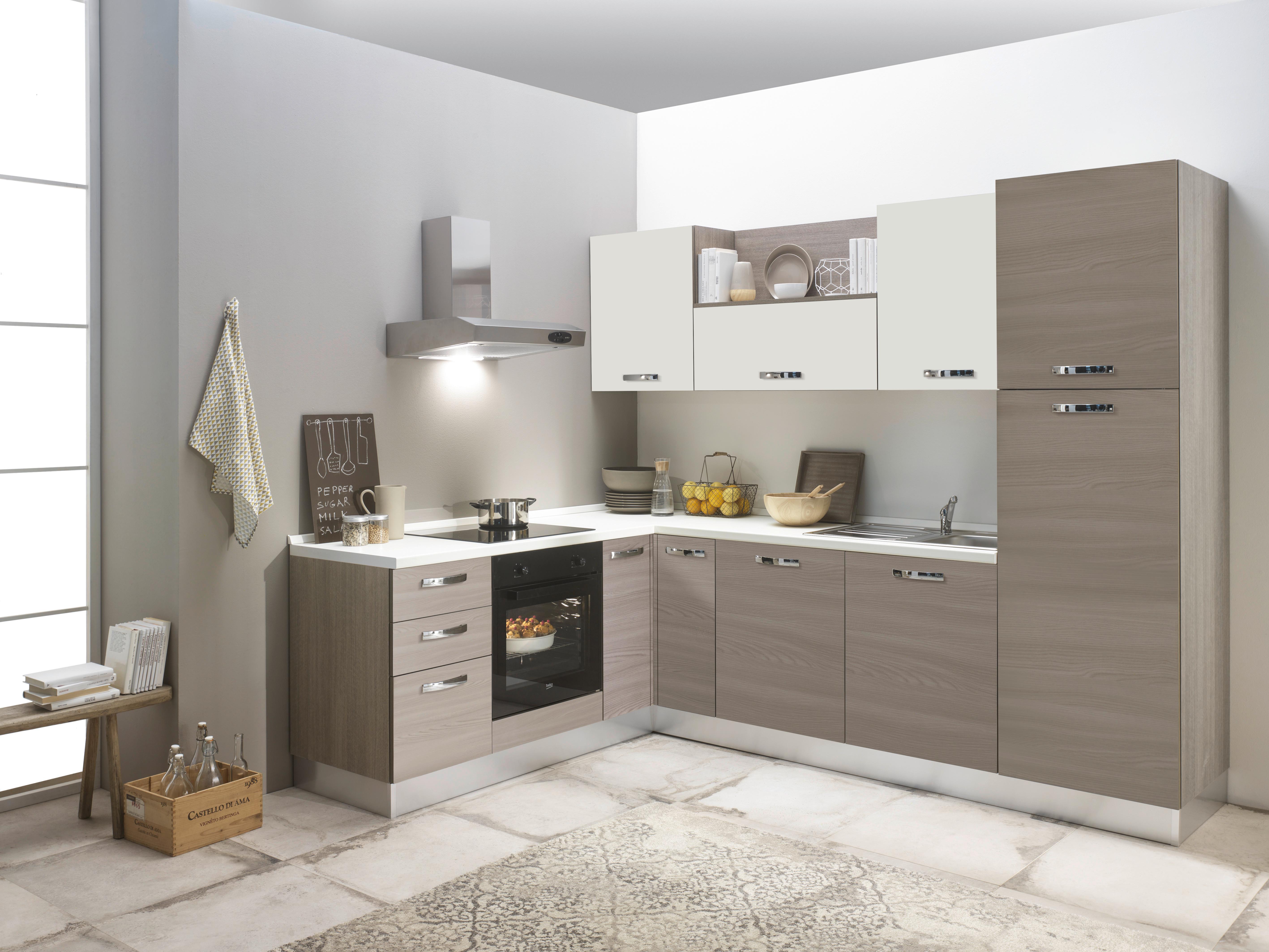 Eckküche Sofia mit Geräten ca. 195x200 cm Weiß/Ulmefarben - Eiche grau/Magnolie, LIFESTYLE, Holzwerkstoff/Kunststoff (195/270cm) - MID.YOU