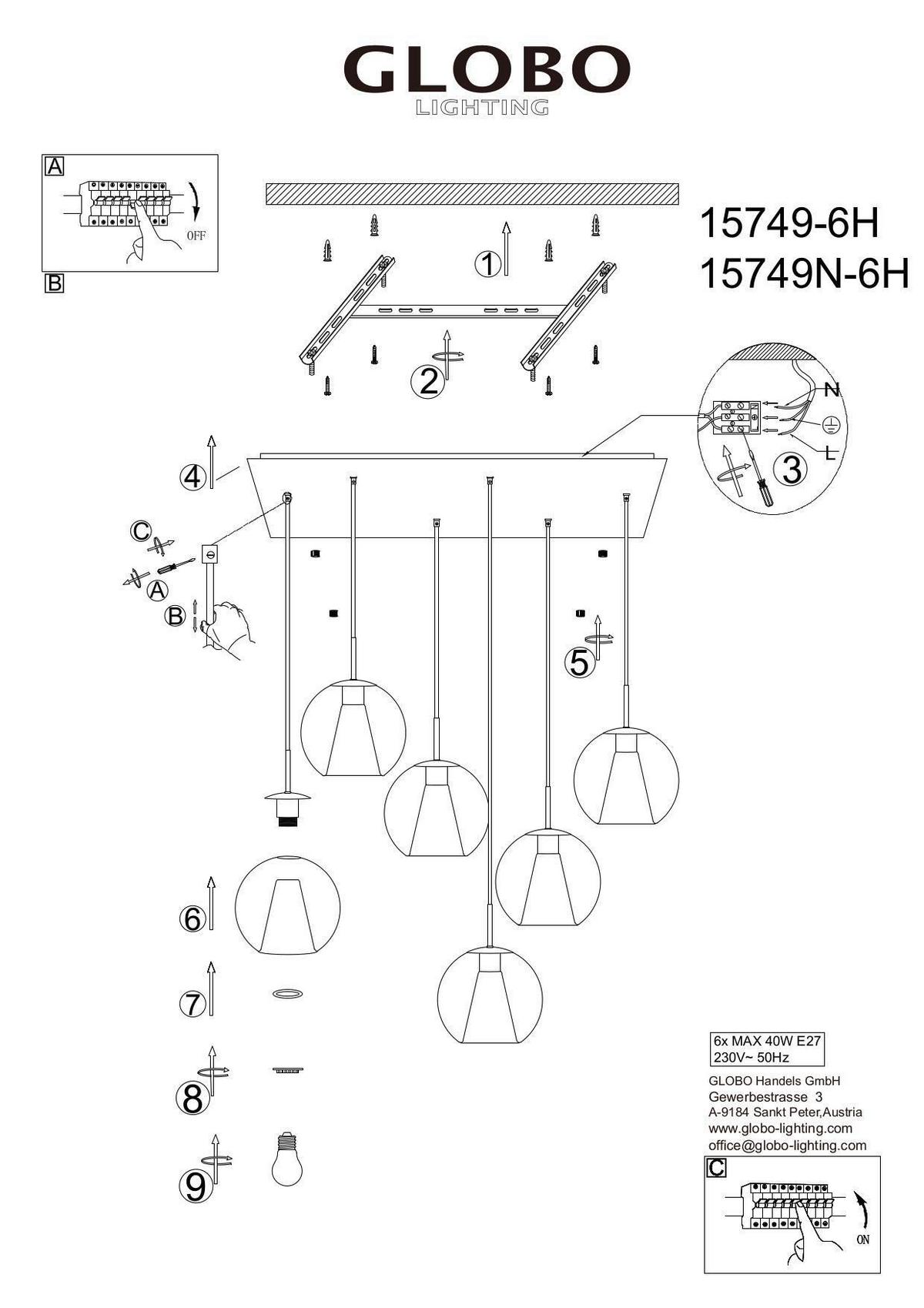 HÄNGELEUCHTE 15749-6H BARRY - Klar/Schwarz, Basics, Glas/Textil (90/38/120cm) - Globo