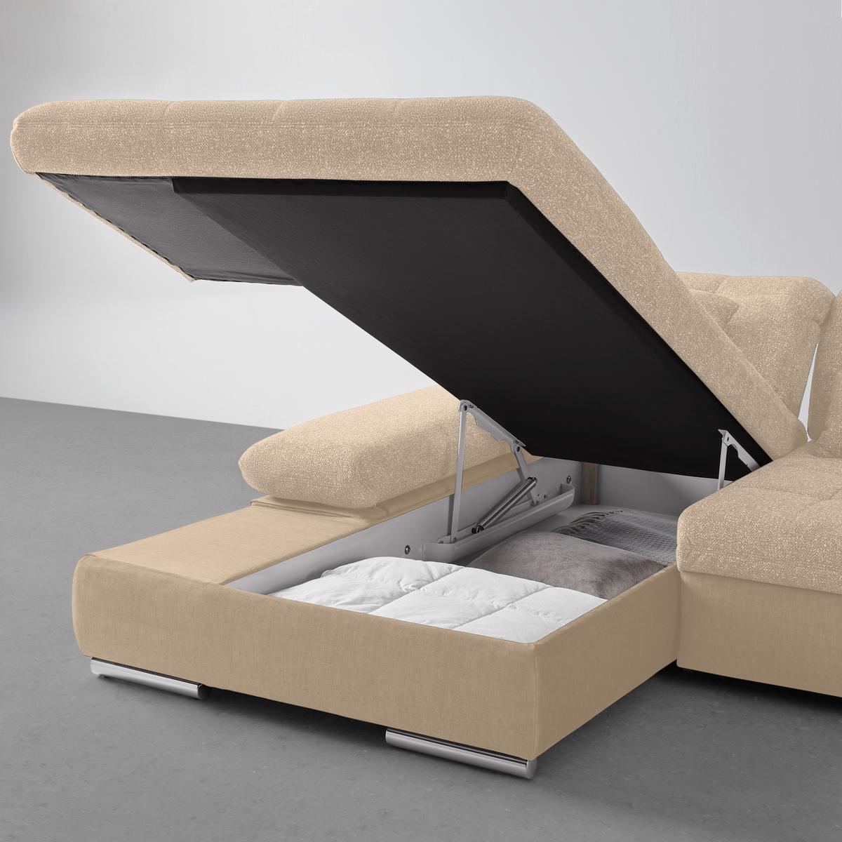 Wohnlandschaft Sanfino Beige - Chromfarben/Beige, KONVENTIONELL, Holz/Textil (199/79-96/305cm) - Premium Living