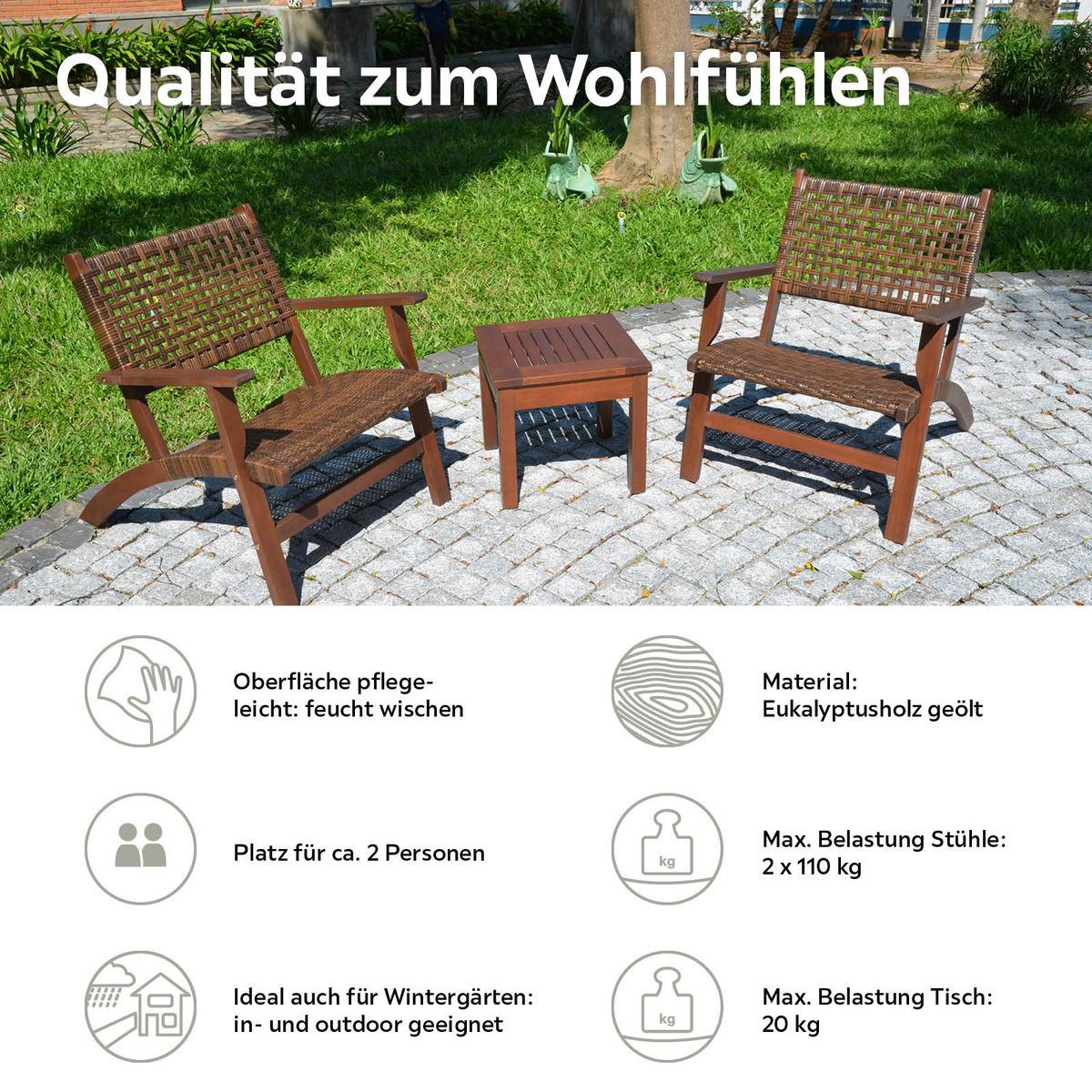 Balkonset 3-tlg. Eukalyptusholz - Dunkelbraun, Basics, Holz (40/40/35cm) - Gardenson