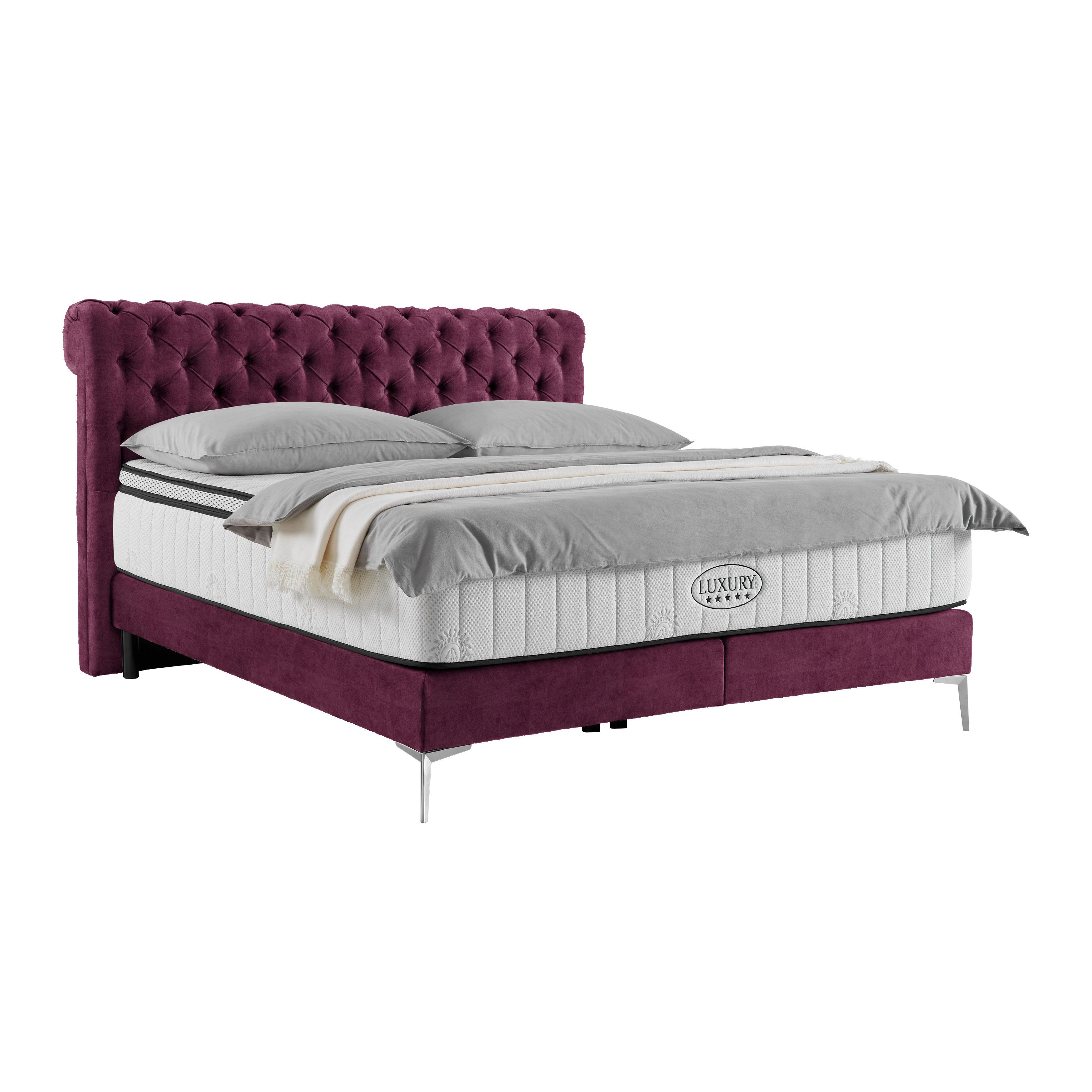 Boxspringbett Queen in Weinrot ca. 180x200cm - Chromfarben/Weinrot, KONVENTIONELL, Textil (180/200cm) - Premium Living