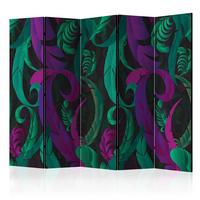 Paravan Dance Of Feathers I, 5-Delni, Dvostranski - vijolična/zelena, Basics, tekstil/les (225/172/3cm) - artgeist