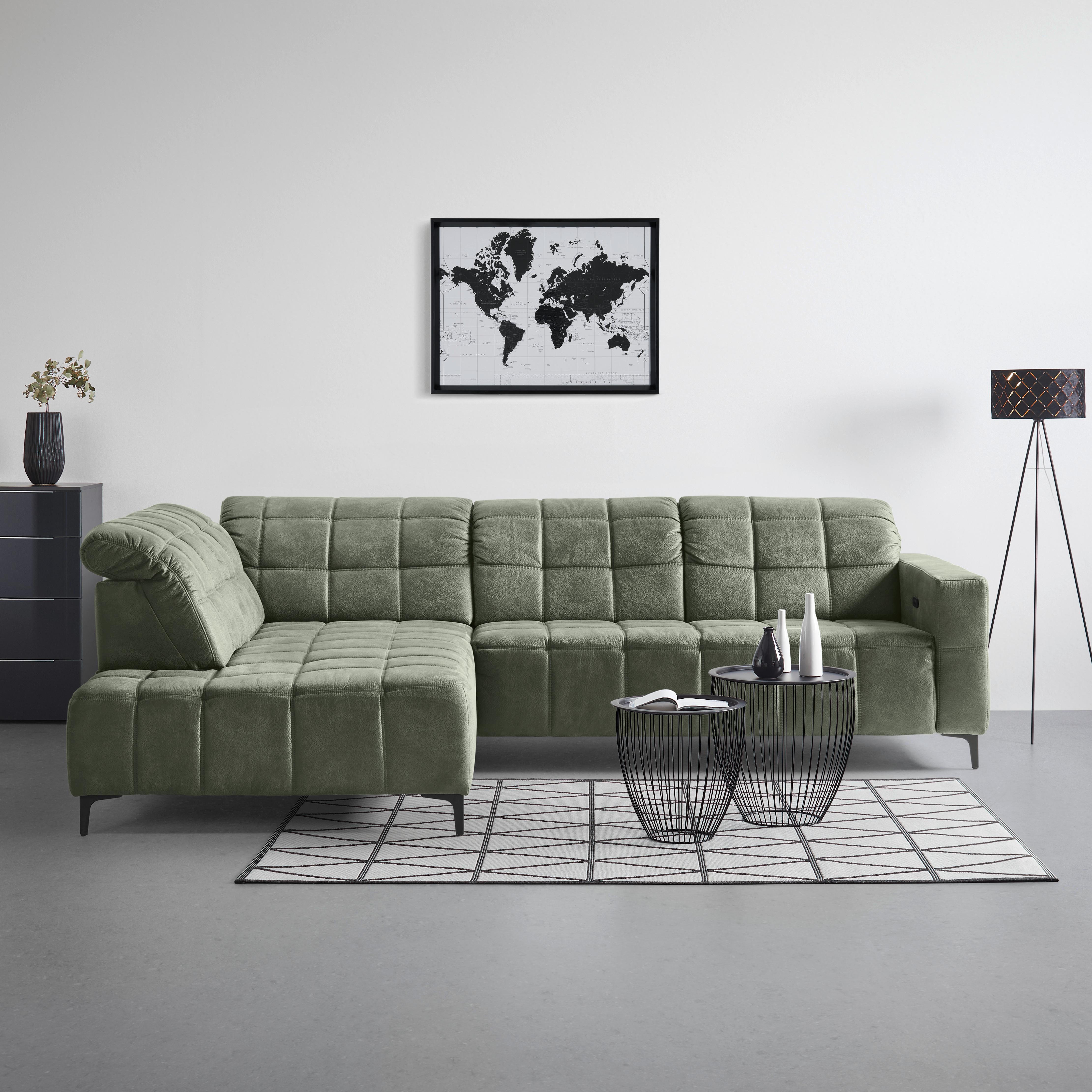 Ecksofa Panama links Olivgrün - Schwarz/Olivgrün, KONVENTIONELL, Textil/Metall (216/89-102/304cm) - Premium Living