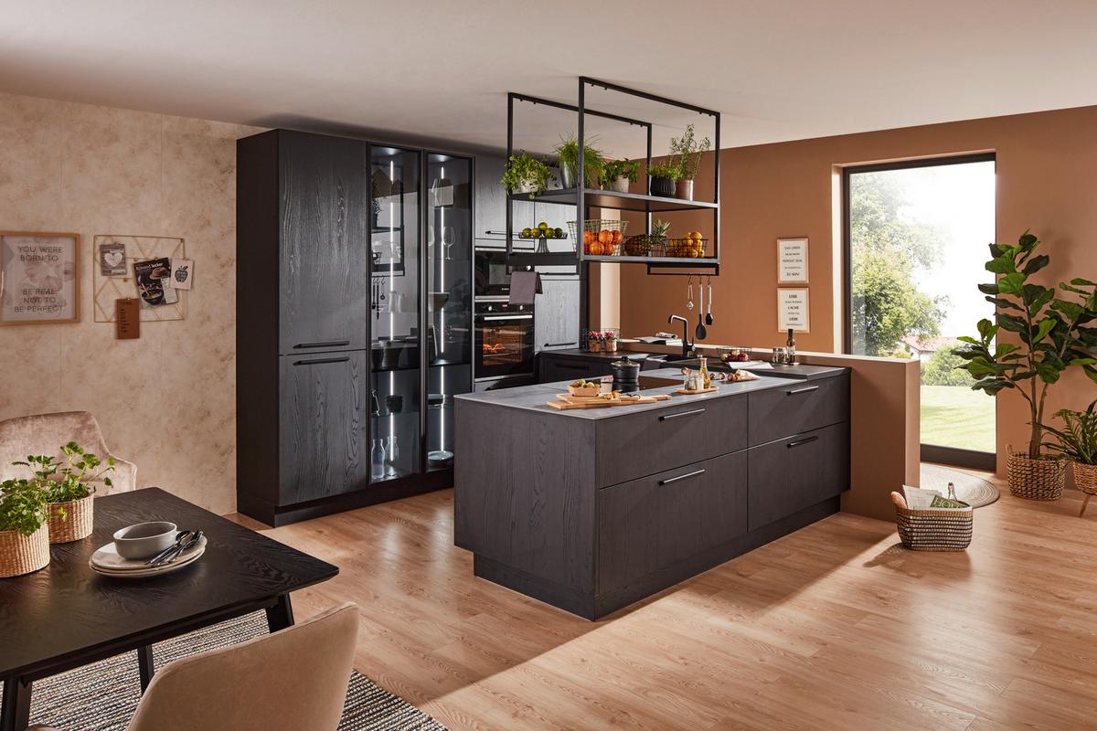 Einbauküche Manhattan Eiche Nero - Eichefarben/Grau, MODERN, Holzwerkstoff (275/284,5cm) - Nolte Küchen