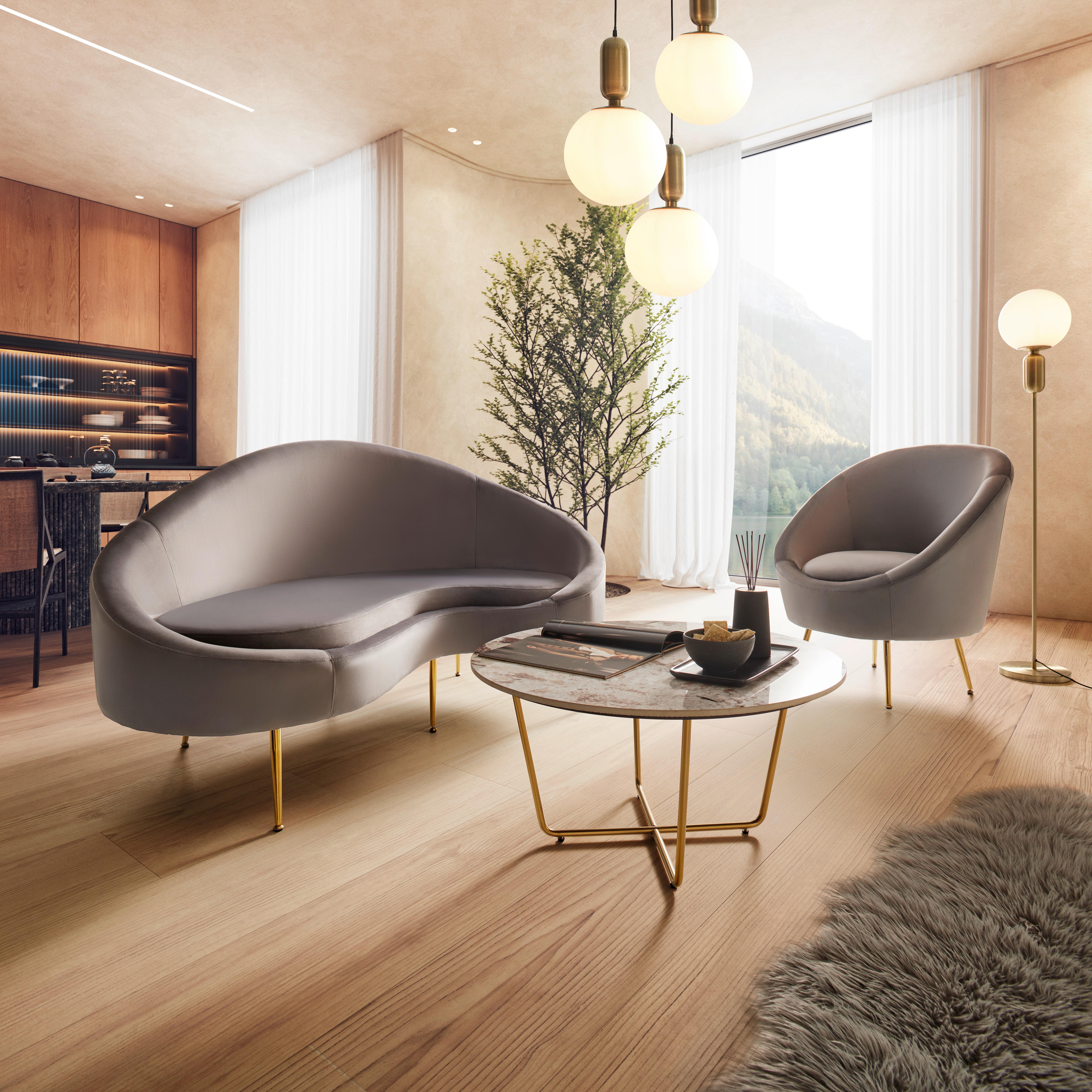 Sofa grau, "Lou", Samt - Goldfarben/Grau, MODERN, Textil/Metall (172/93/89cm) - Bessagi Home