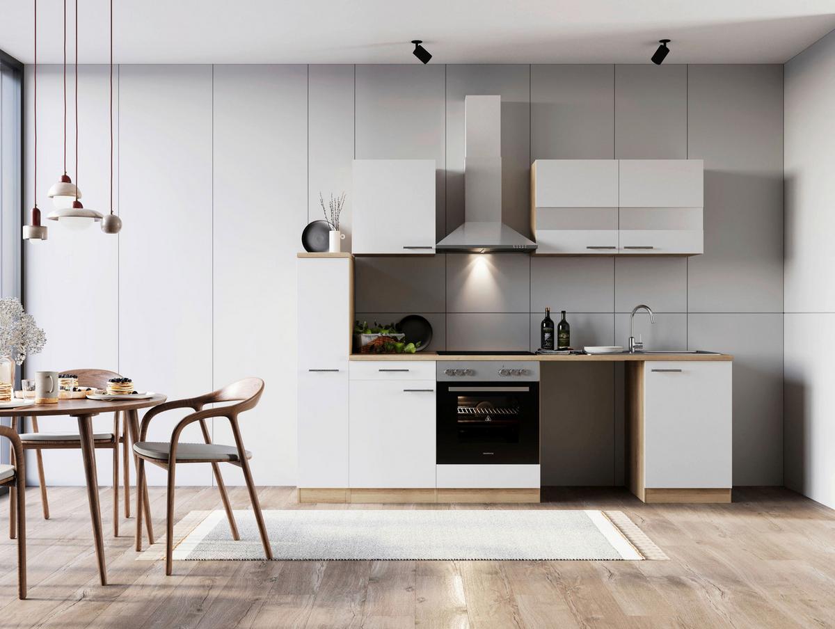 Küchenblock Merle m. Geräten Weiß - Edelstahlfarben/Eichefarben, Basics, Glas/Holzwerkstoff (250cm) - Respekta