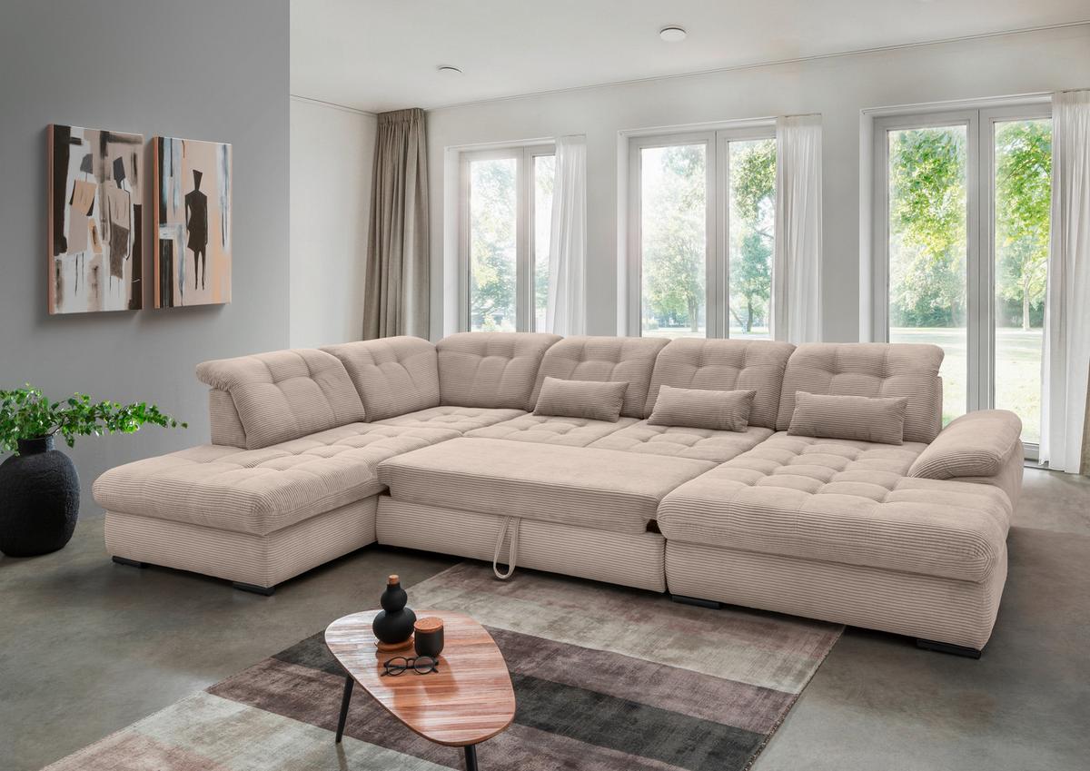 Wohnlandsschaft Rigatti Beige Cord mit Bettkasten - Beige/Schwarz, MODERN, Textil/Metall (252/387/184cm) - Livetastic