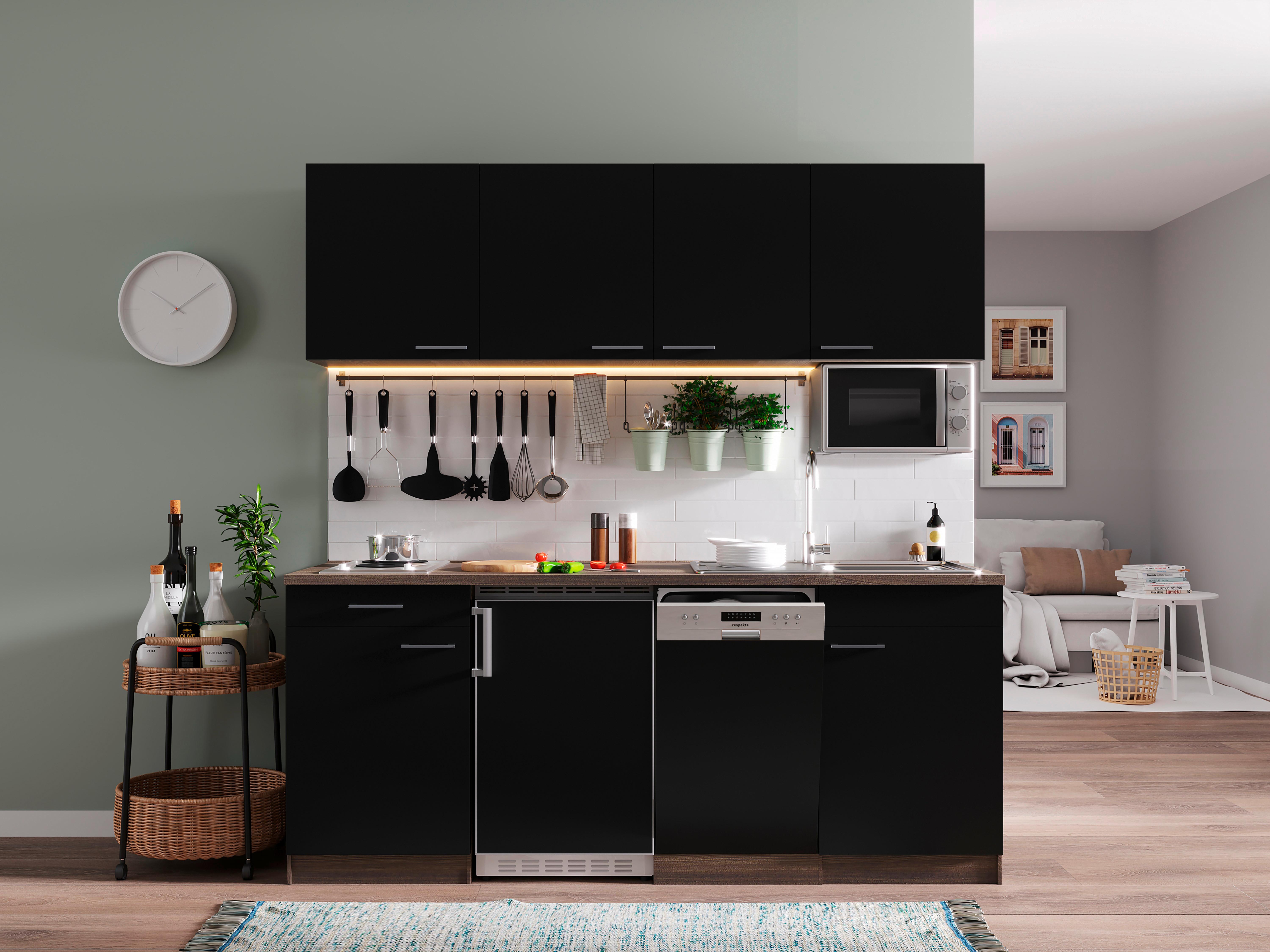 Küchenblock ECONOMY 195 Schwarz/Eiche B: ca. 195 cm - Eichefarben/Schwarz, Basics, Holzwerkstoff (195cm) - Respekta